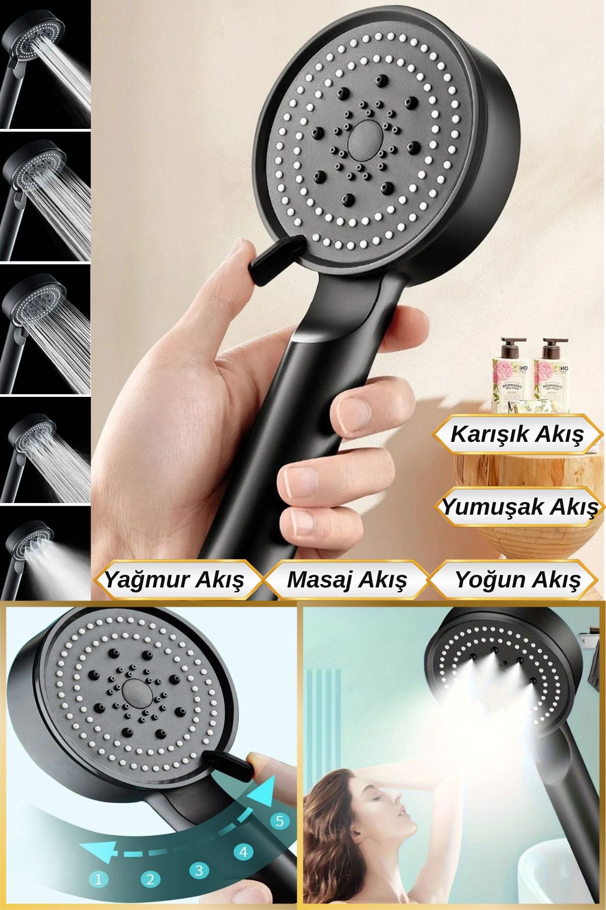 Hane Dostu Şık ve Modern Tasarım | 5 Akış Modlu Yüksek Basınçlı Duş Başlığı
