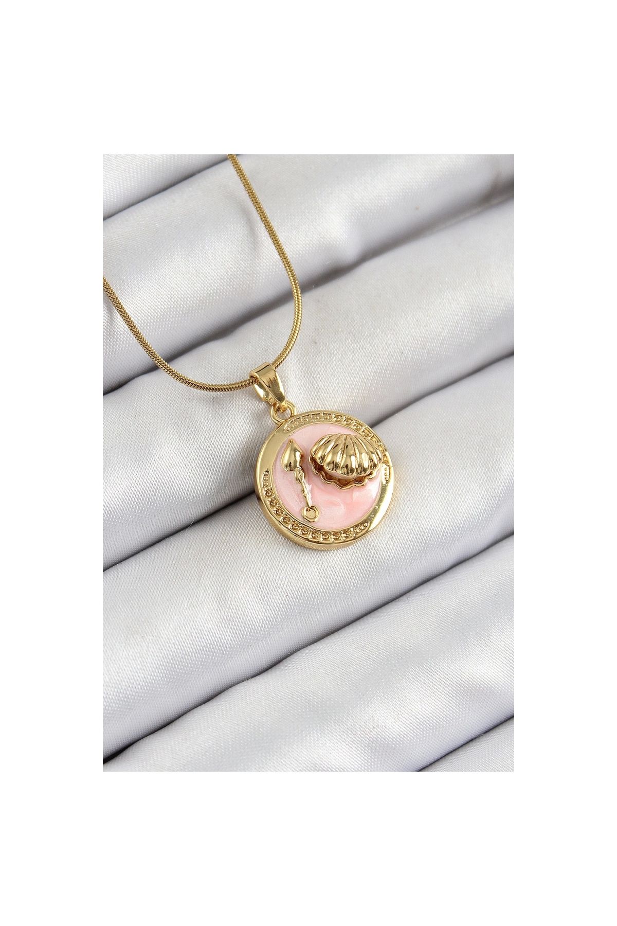 Marsilyan 316L Çelik Zincir Pembe Mineli Sanatsal Portre İstiridye Model Gold Renk Kadın Kolye - TJ-BKO10268