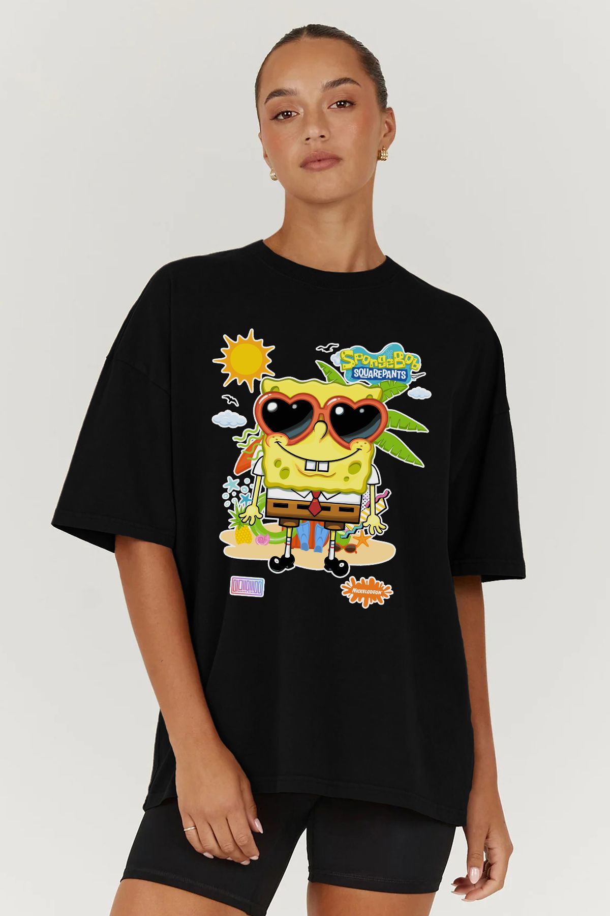 MODA Sünger Bob Summer Yaz Baskılı Oversize Kalıp Siyah Geniş Bol Kesim Kadın Tişört