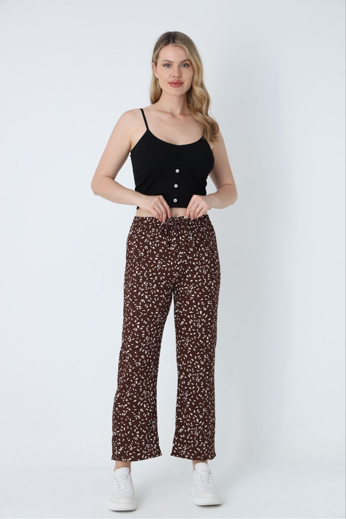 PİJART Bürümcük yaprak desenli kahverengi geniş paça pijama altı