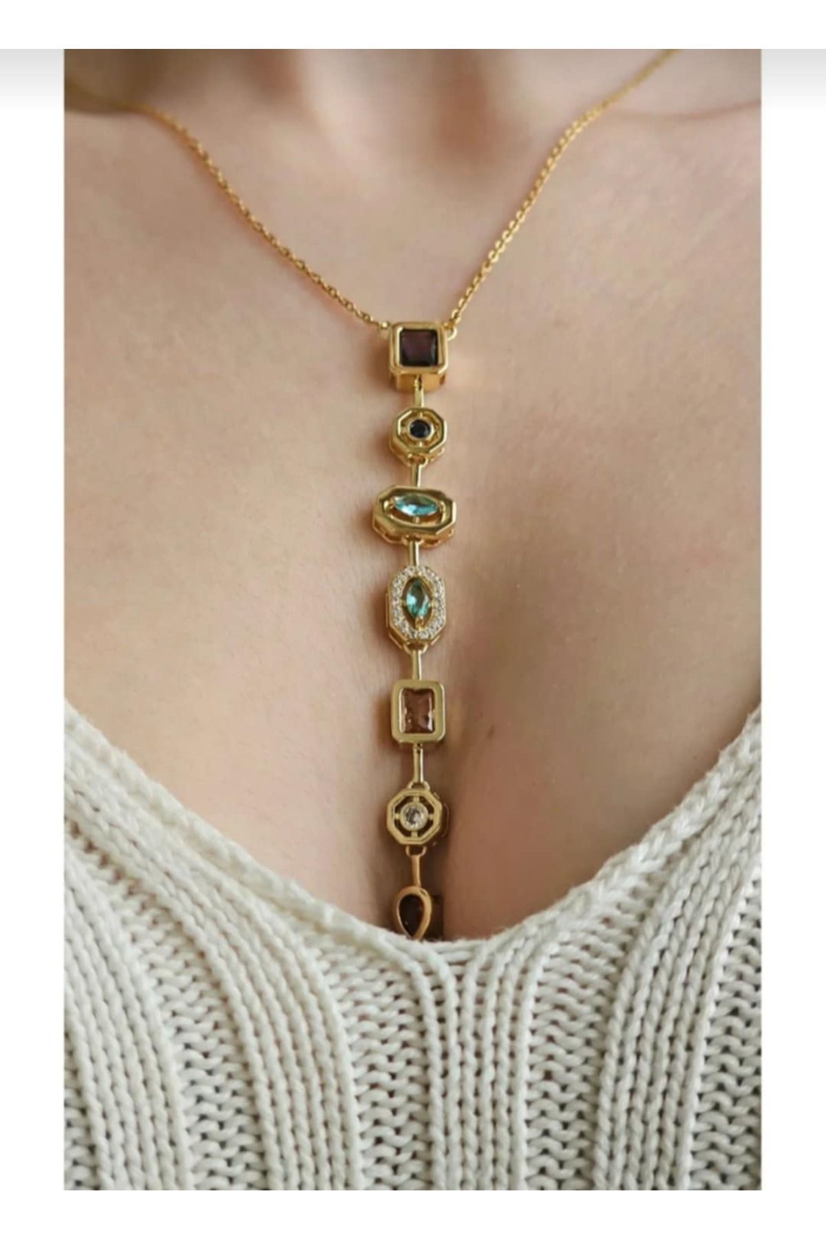 FLORAS JEWELRY Y Model Yüksek Kalite Renkli Taşlı Kolye (GOLD)