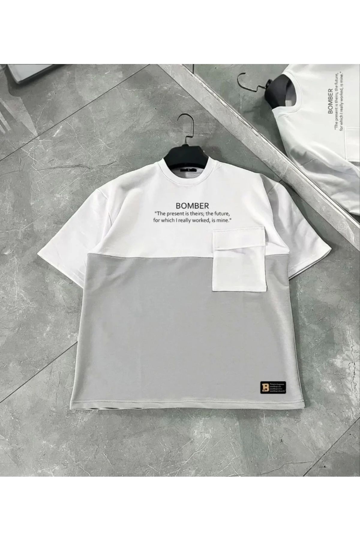Butik Unisex Torba Cep Detaylı Parçalı T-Shirt - Gri