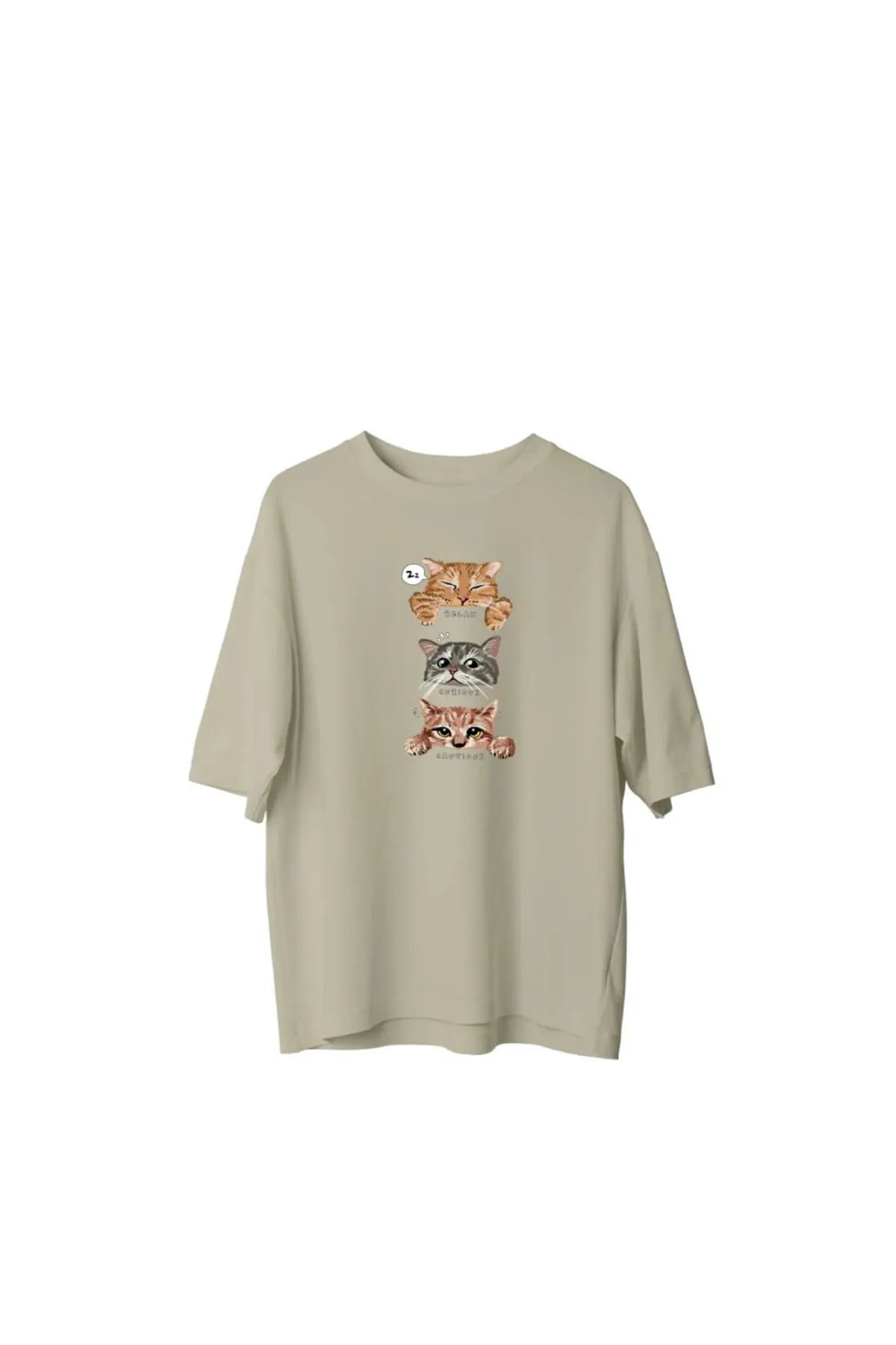 Koklonmoda Büyük Beden Unisex Kedicik Baskılı Oversize T-Shirt