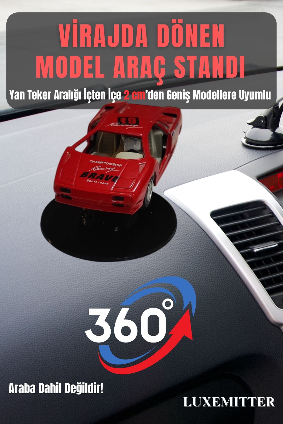 Luxemitter 360 Derece Dönen Diecast Oyuncak Model Araba Standı Araç Içi Hareketli Torpido Aksesuar Oto Süsü