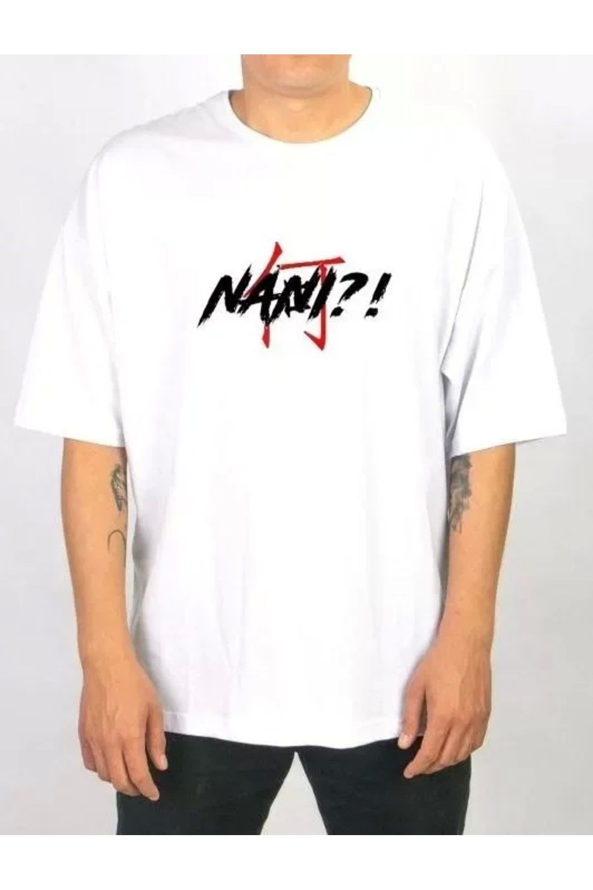 Butik Unisex Bisiklet Yaka Baskılı Oversize T-Shirt - Beyaz