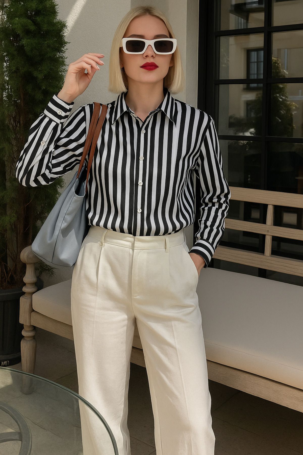 town walker Kadın Çizgili Over Fit kesim Gömlek