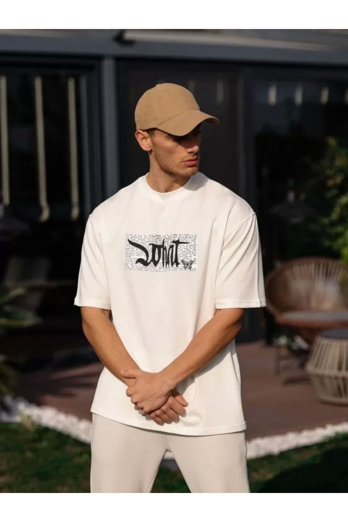 Butik Unisex Bisiklet Yaka Baskılı Oversize T-Shirt - Beyaz