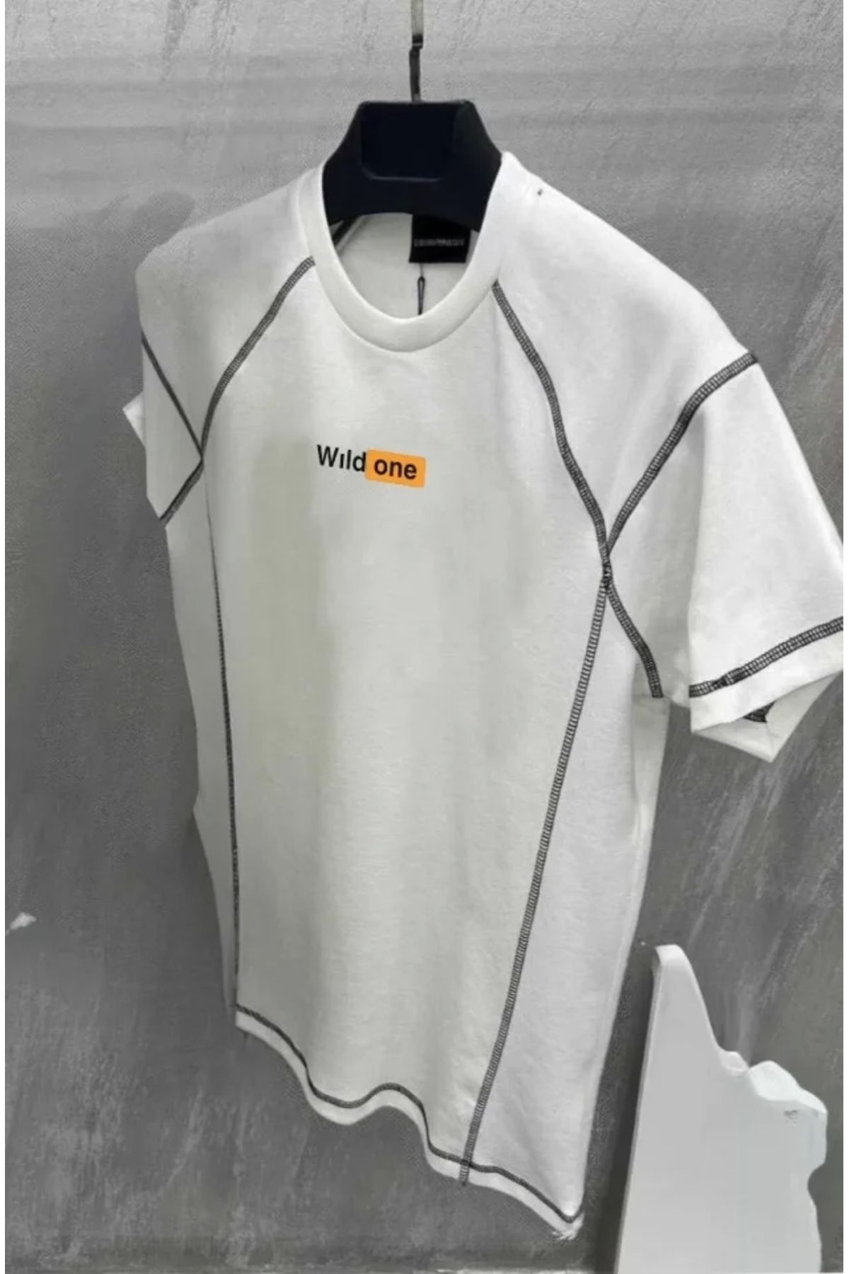 Butik Unisex Dikişli Baskılı Oversize T-Shirt - Beyaz