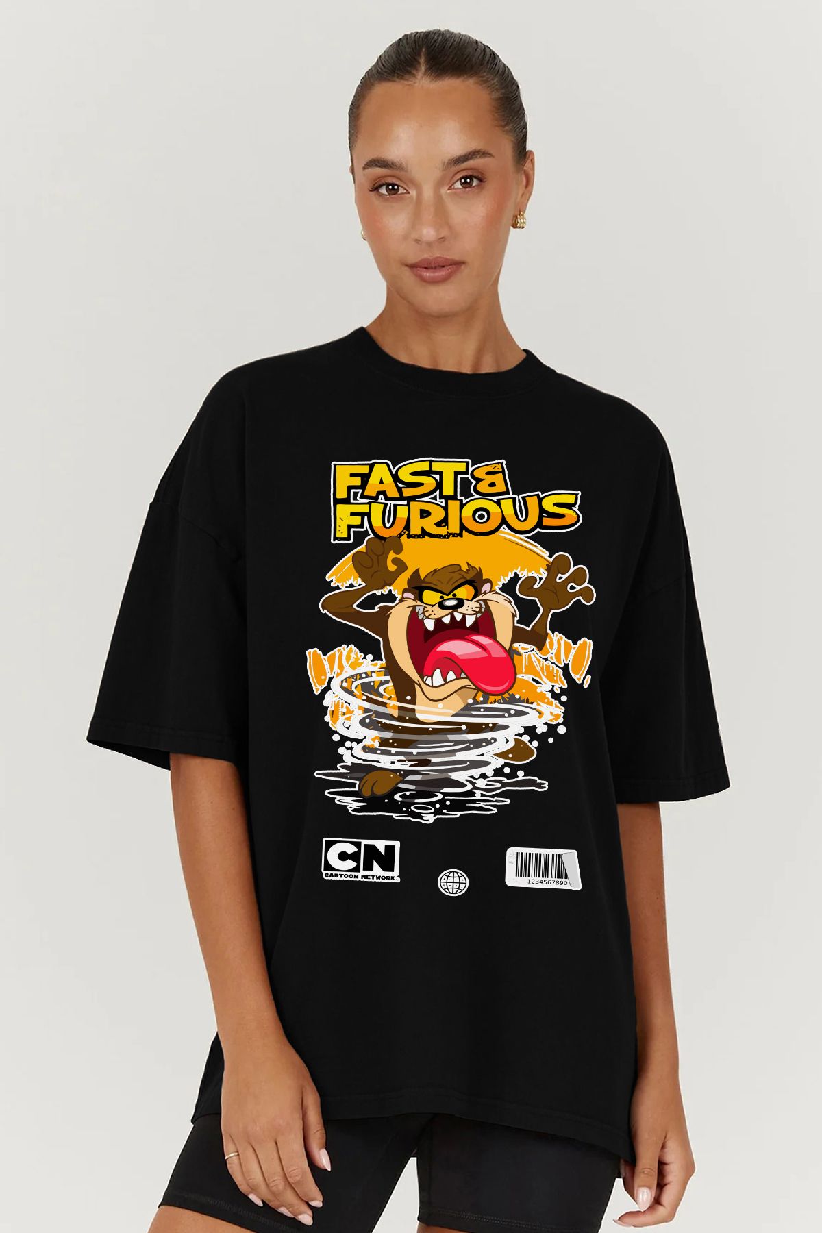 MODA Tazmanya Canavarı Hızlı Ve Öfkeli Fast And Furious Oversize Kalıp Siyah Geniş Bol Kesim Kadın Tişört