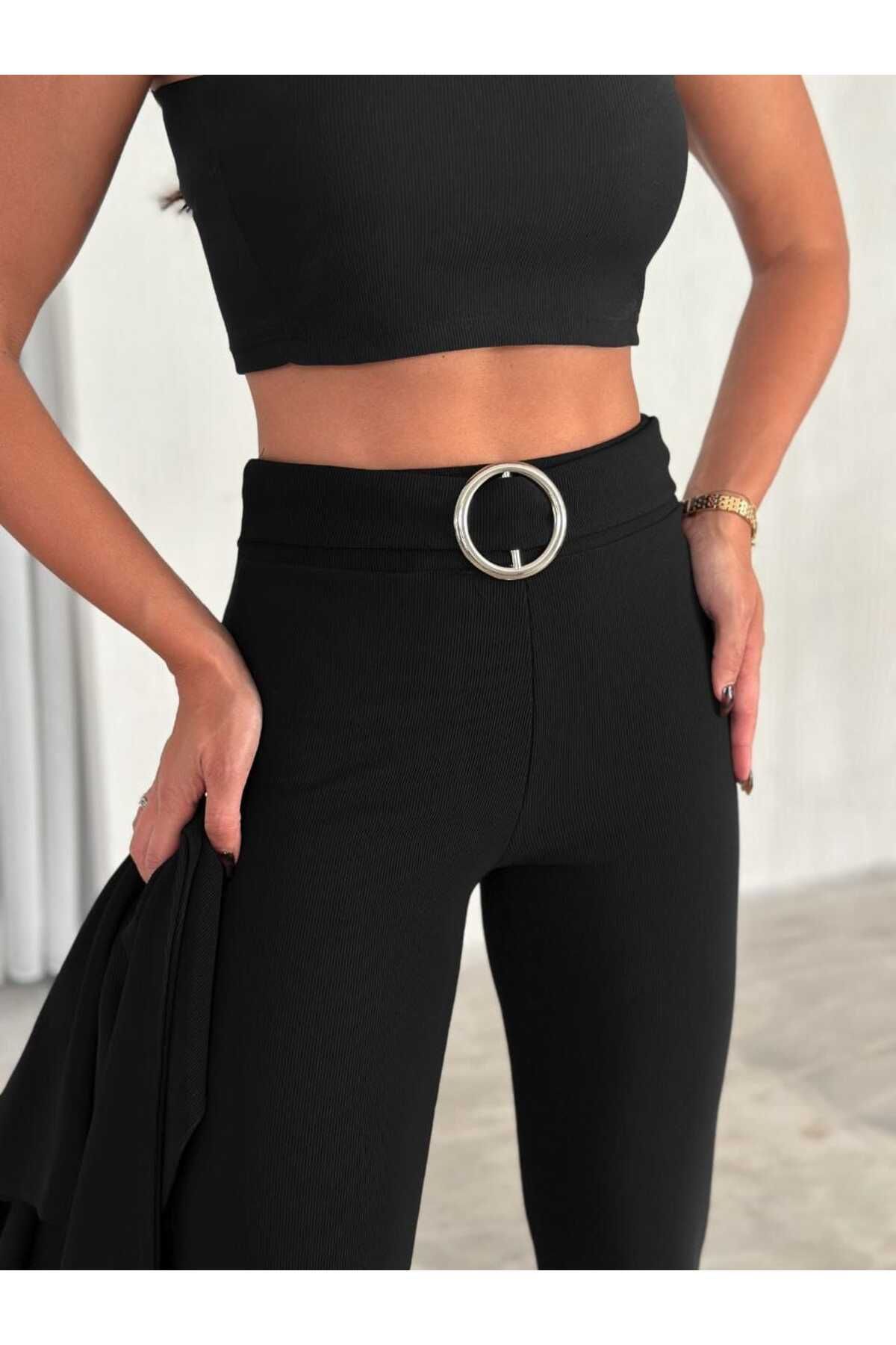 Butik Merrline Kadın Ottoman Kumaş Halka Detay Kemer İspanyol Pantolon