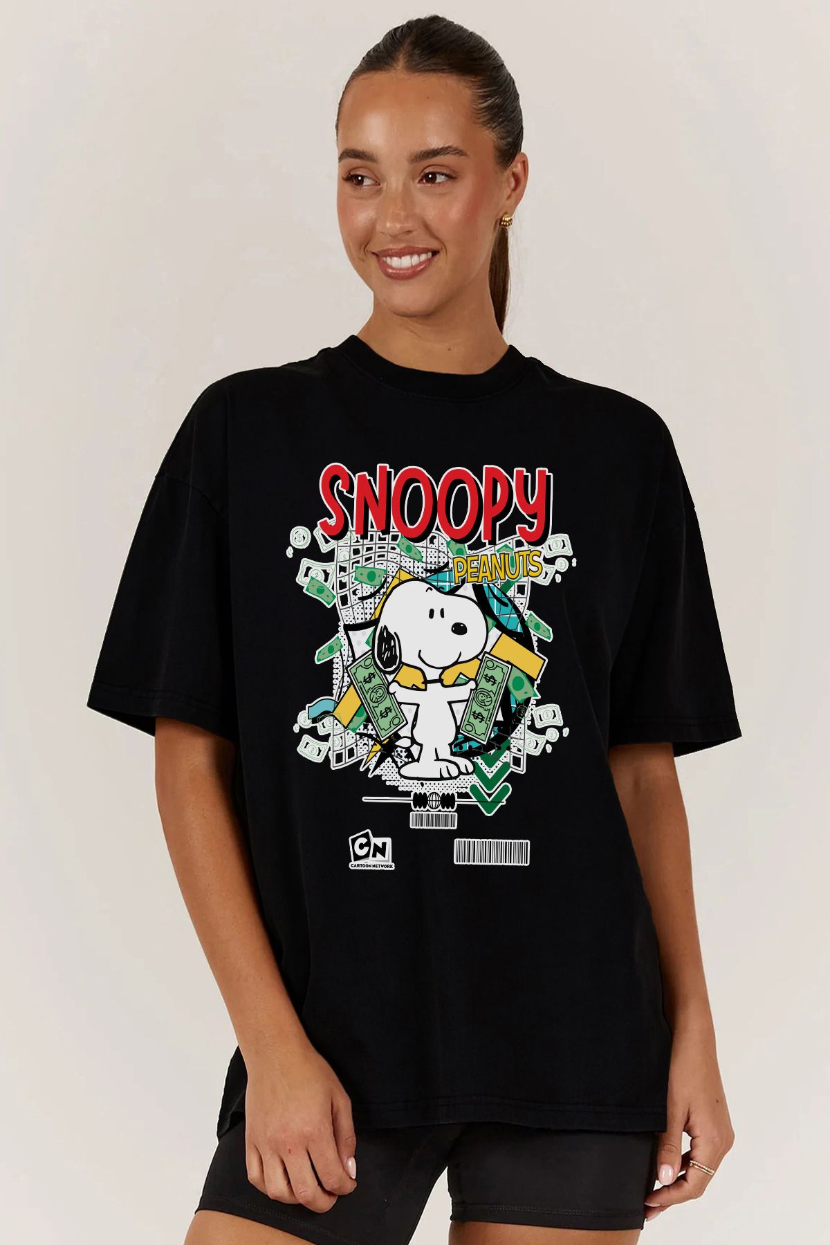 MODA Snoopy Baskılı Oversize Kalıp Siyah Geniş Bol Kesim Kadın Tişört