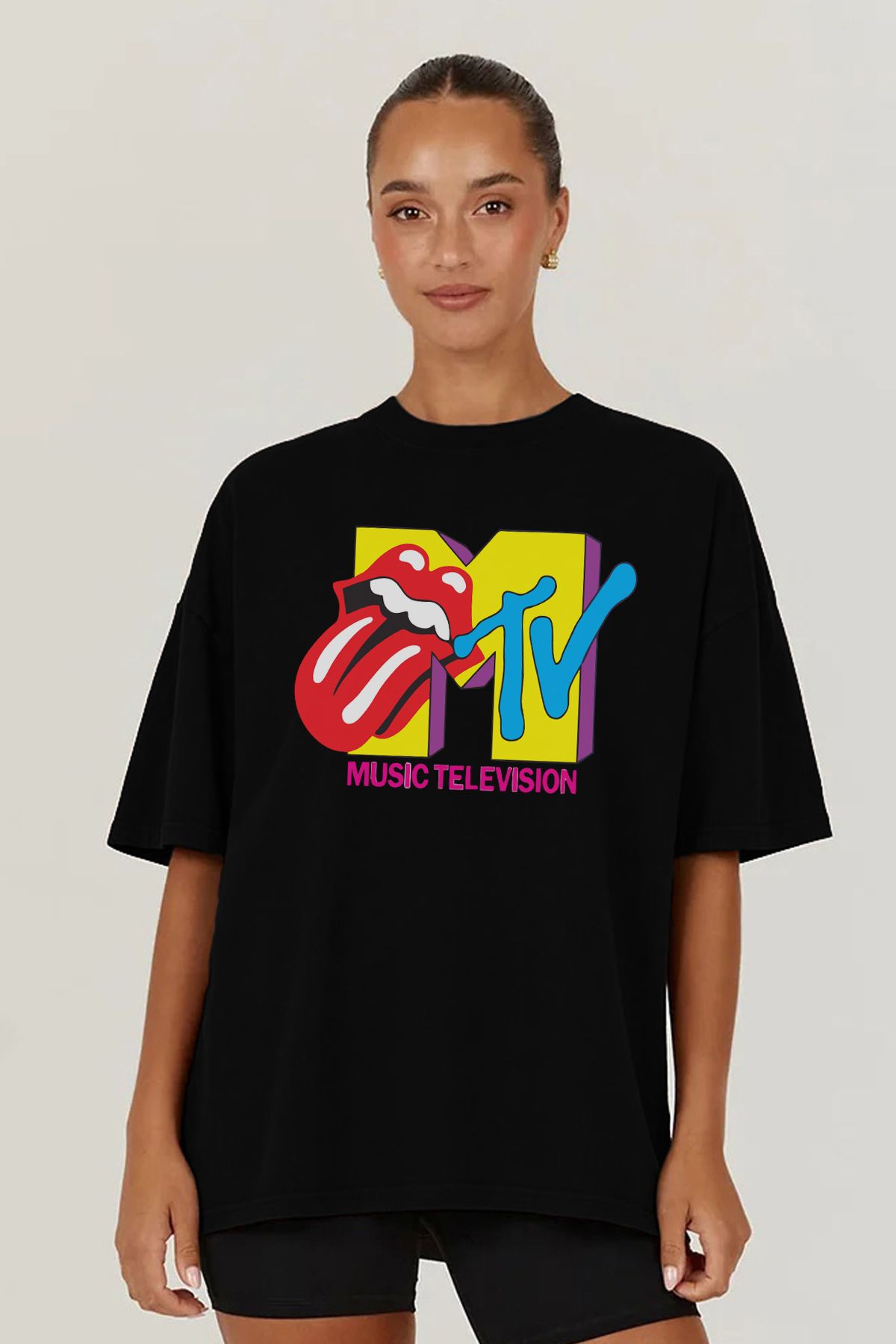 MODA MTV Rolling Stones Retro Music Televsion Logo Oversize Kalıp Siyah Geniş Bol Kesim Kadın Tişört