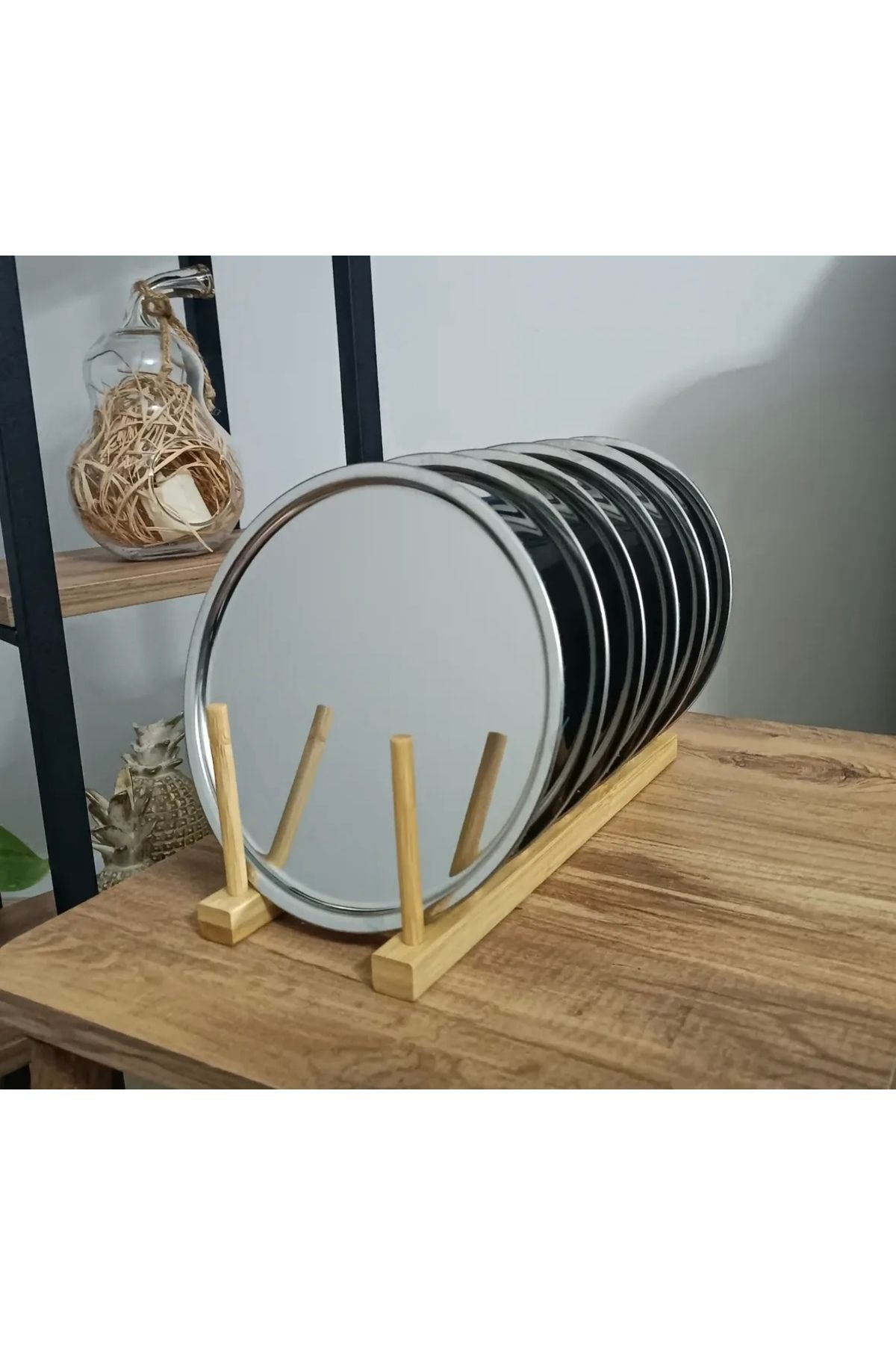 Livra Homee 6'lı Paslanmaz Çelik 21 cm Yuvarlak Çay, Kahve, Pasta Servis Tepsisi Dekoratif Sunum Tepsisi