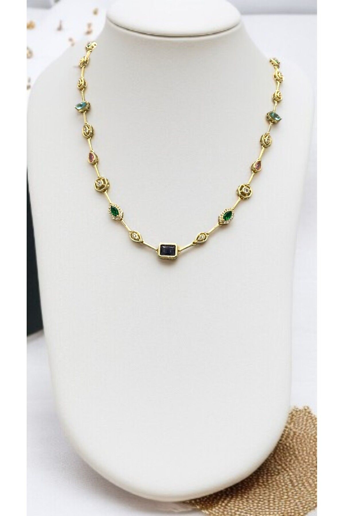 Bluw Jewelry Çok Renkli Taşlı Y Kolye Full Taşlı