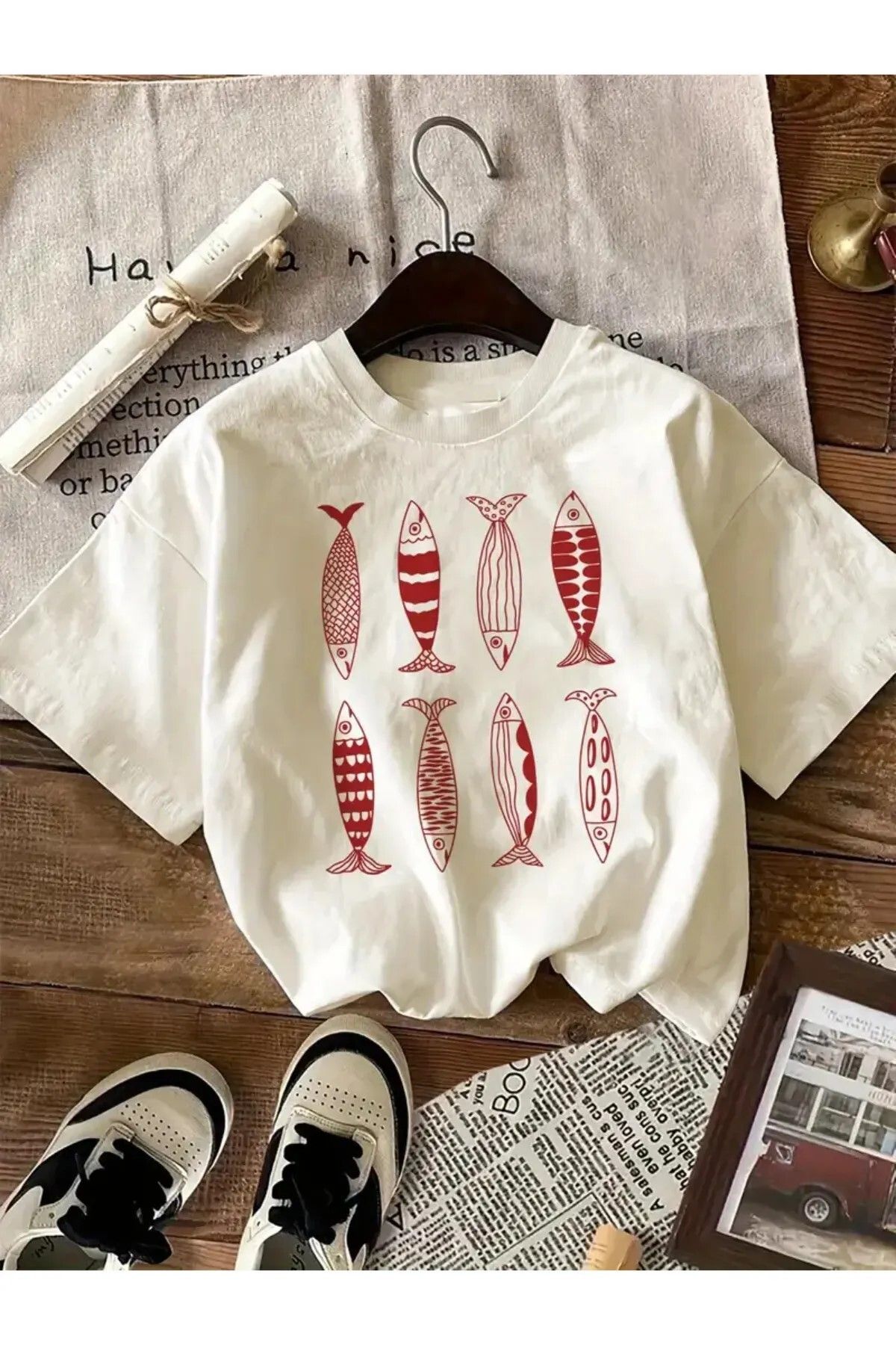 Koklonmoda Büyük Beden Unisex Balık Baskılı Oversize T-Shirt