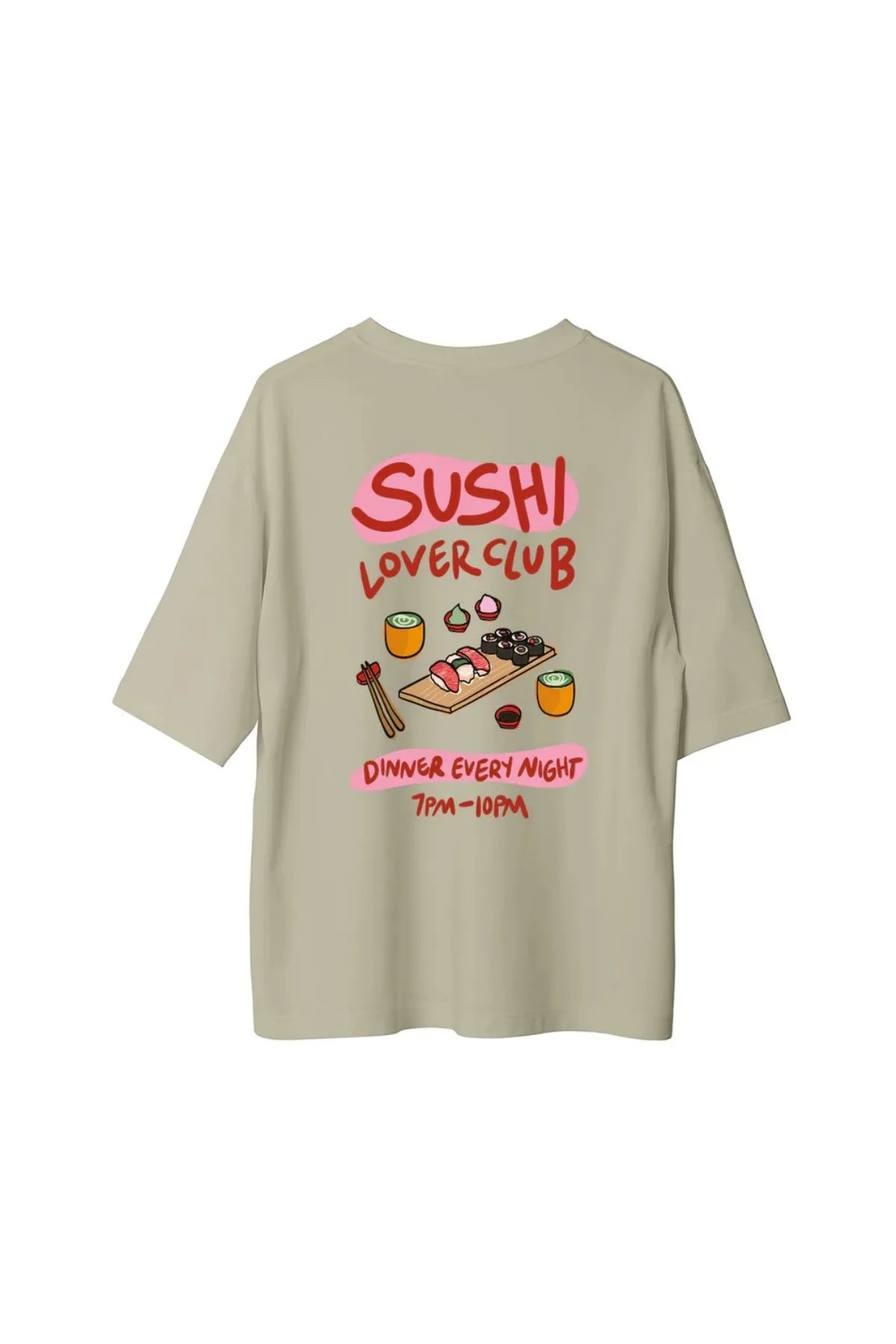 Koklonmoda Unisex Sushi LoverClub Baskılı Oversize T-Shirt