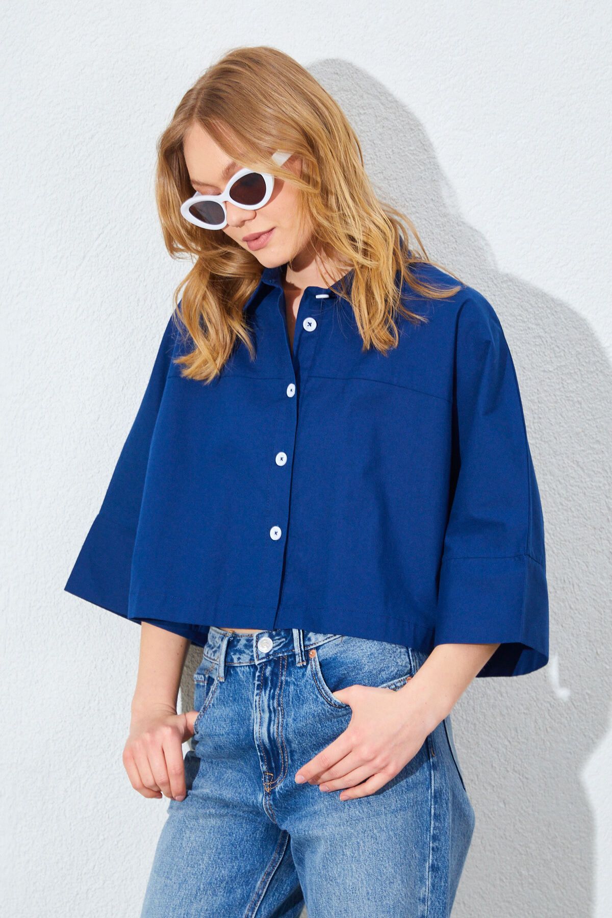 Manche Düşük Kol Çimalı Crop Poplin Gömlek - Lacivert | MKS161451-01