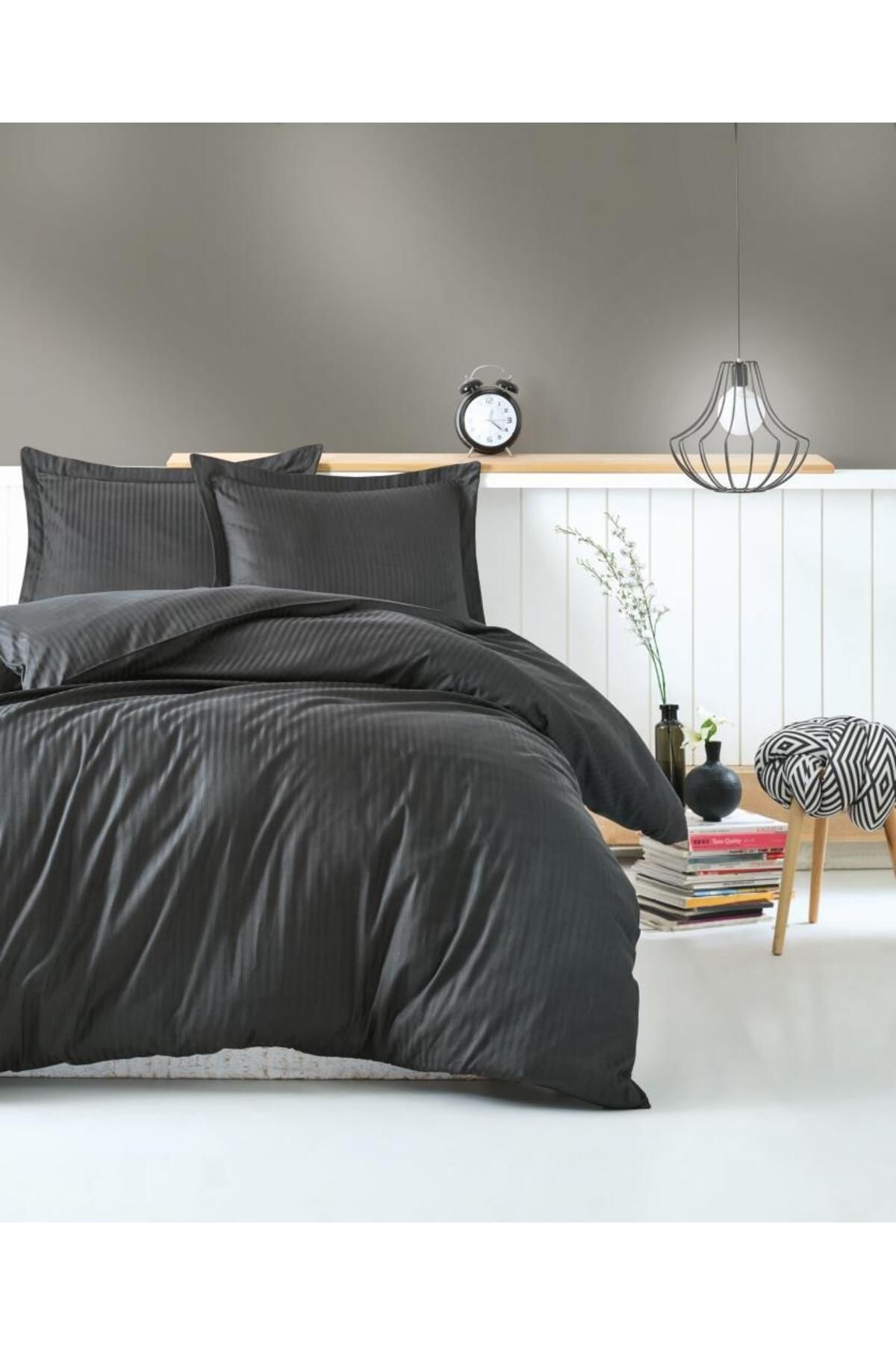 merland benvecocuk Çift Kişilik Saten Nevresim Takımı Elegante Stripe Antrasit