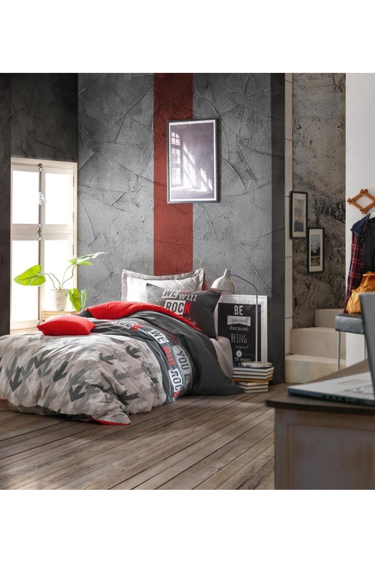 merland benvecocuk Genç Ranforce Nevresim Takımı Tek Kişilik Rock Kırmızı