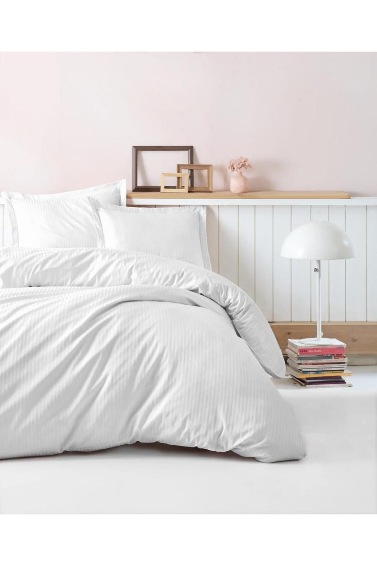 merland benvecocuk Çift Kişilik Saten Nevresim Takımı Elegante Stripe Beyaz