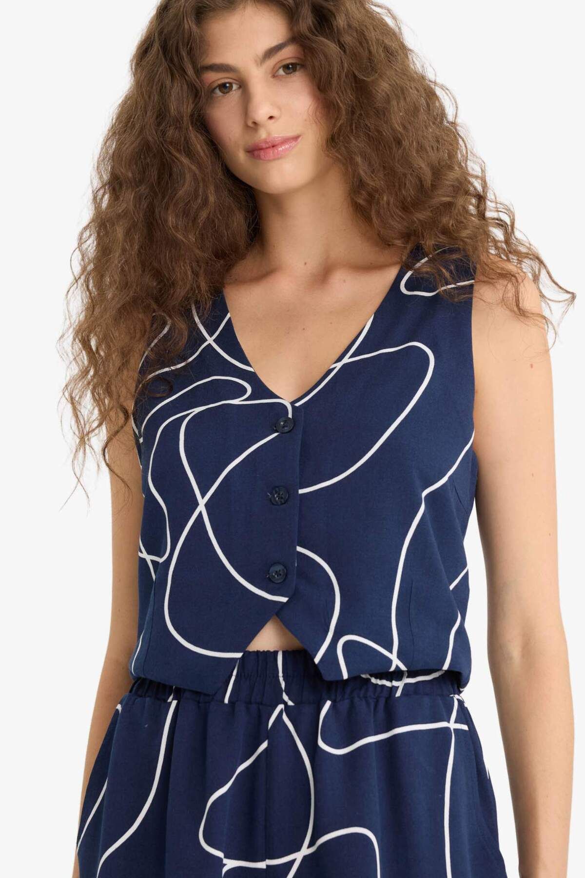 DeFacto V Yaka Çiçekli V Yaka Keten Karışımlı Blazer Yelek F3492AX25SM