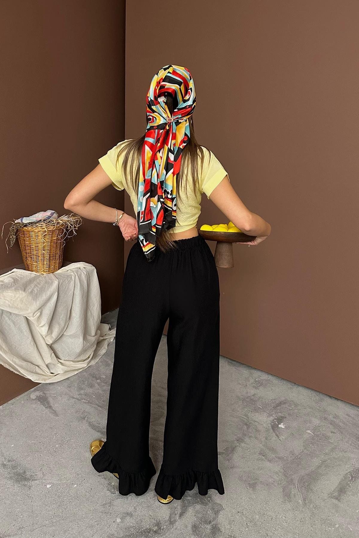 Castivo Fashion Paça Fırfır Detaylı Bel Lastikli Keten Pantolon