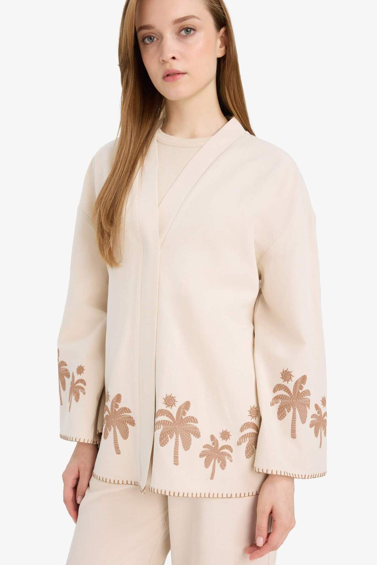 DeFacto Relax Fit Baskılı Keten Karışımlı Uzun Kollu Kimono F1406AX25SM