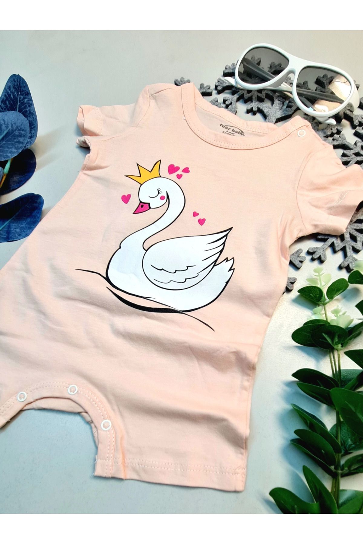 POLEXP Pembe Kuğulu Bebek Tulumu - Yazlık Sevimli Kız Bebek Giysisi