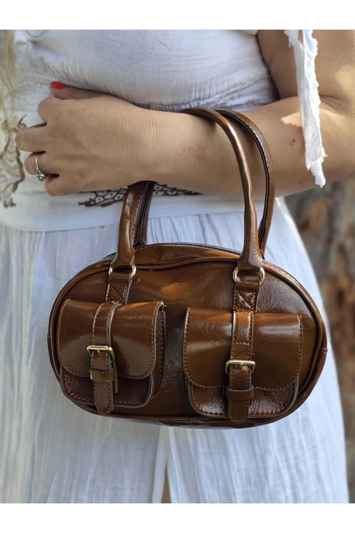 obenbags Çift Cepli Vintage Kahverengi Kadın Omuz Çantası