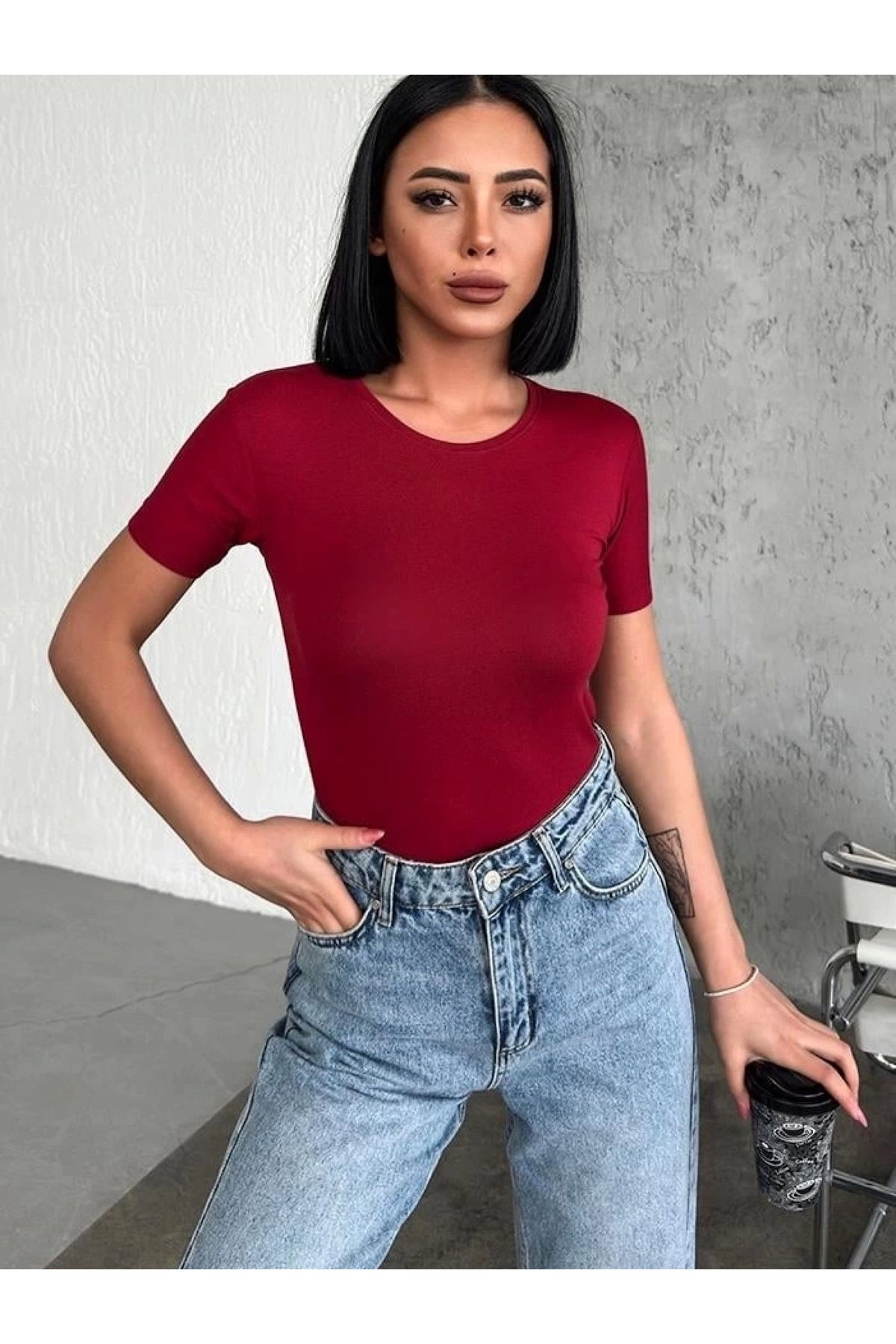 POLEXP Rahat Ve Şık Kısa Kollu Bisiklet Yaka Likralı Viskon Penye Body Bordo