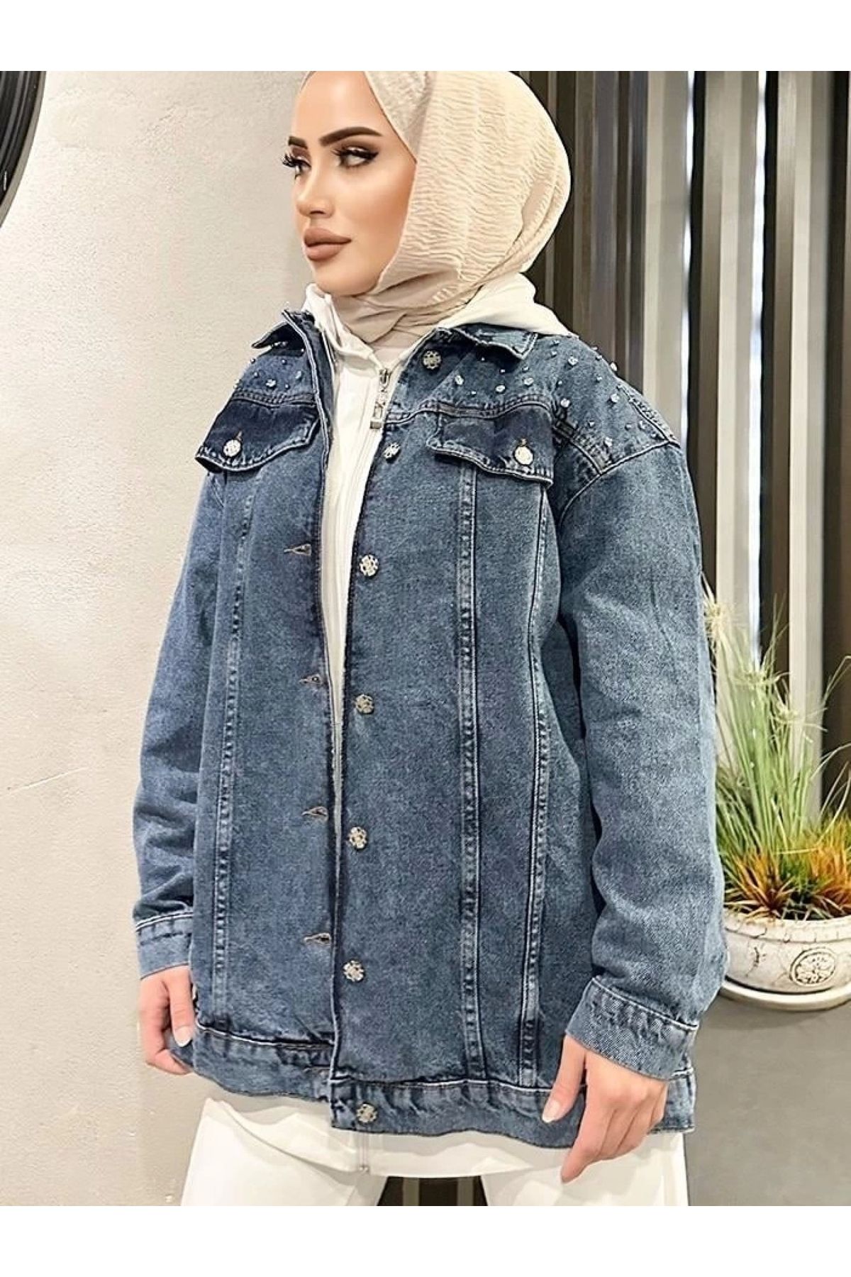 POLEXP Derin Mavi Kot Ceket Omuz Taşları ile Oversize Moda