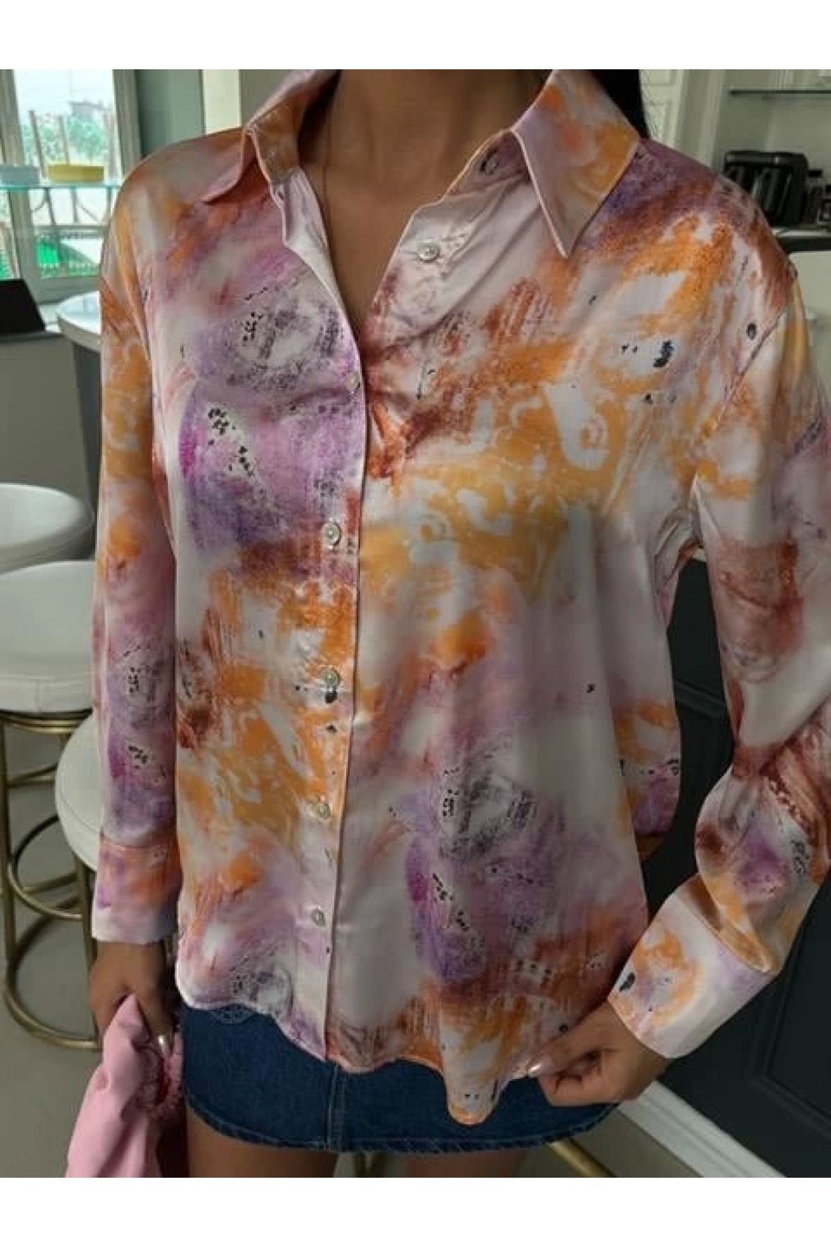 POLEXP Zarif Batik Desenli Saten Gömlek