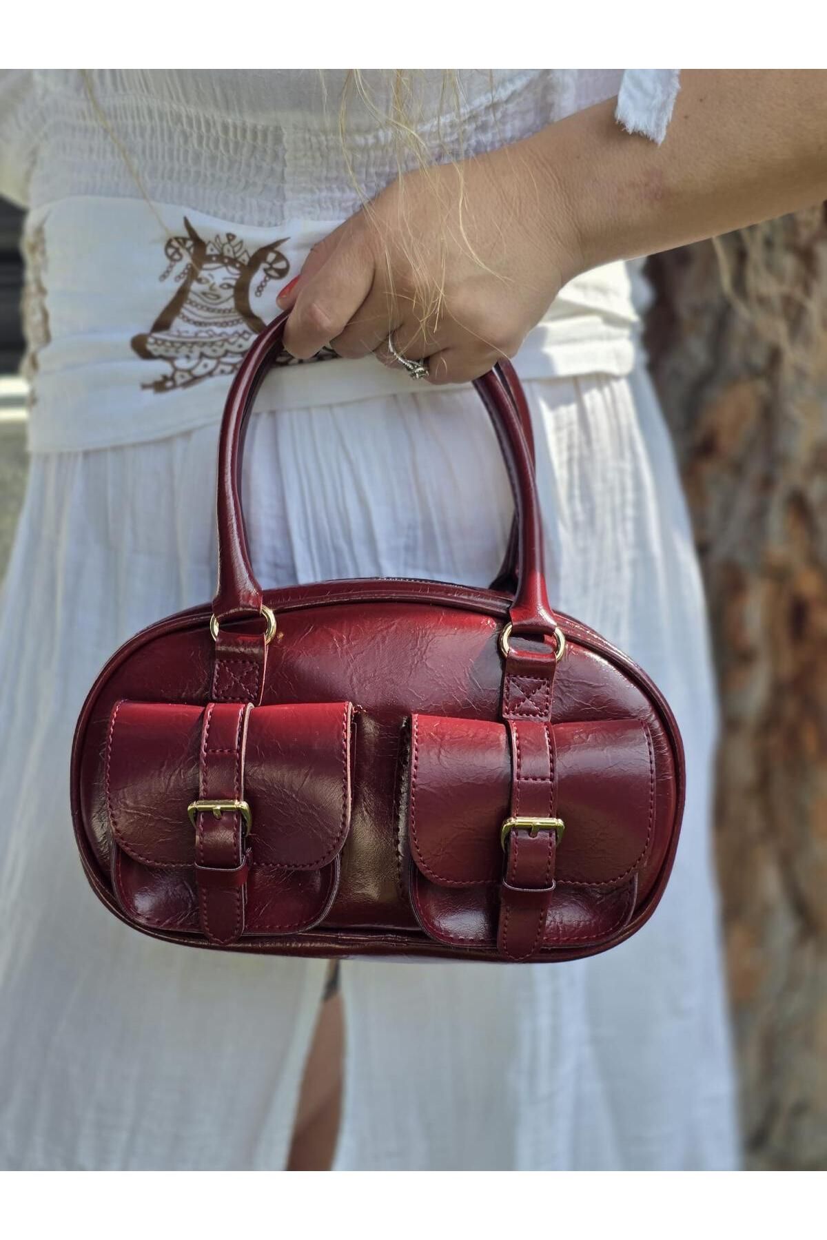 obenbags Çift Cepli Bordo Kadın Omuz Çantası