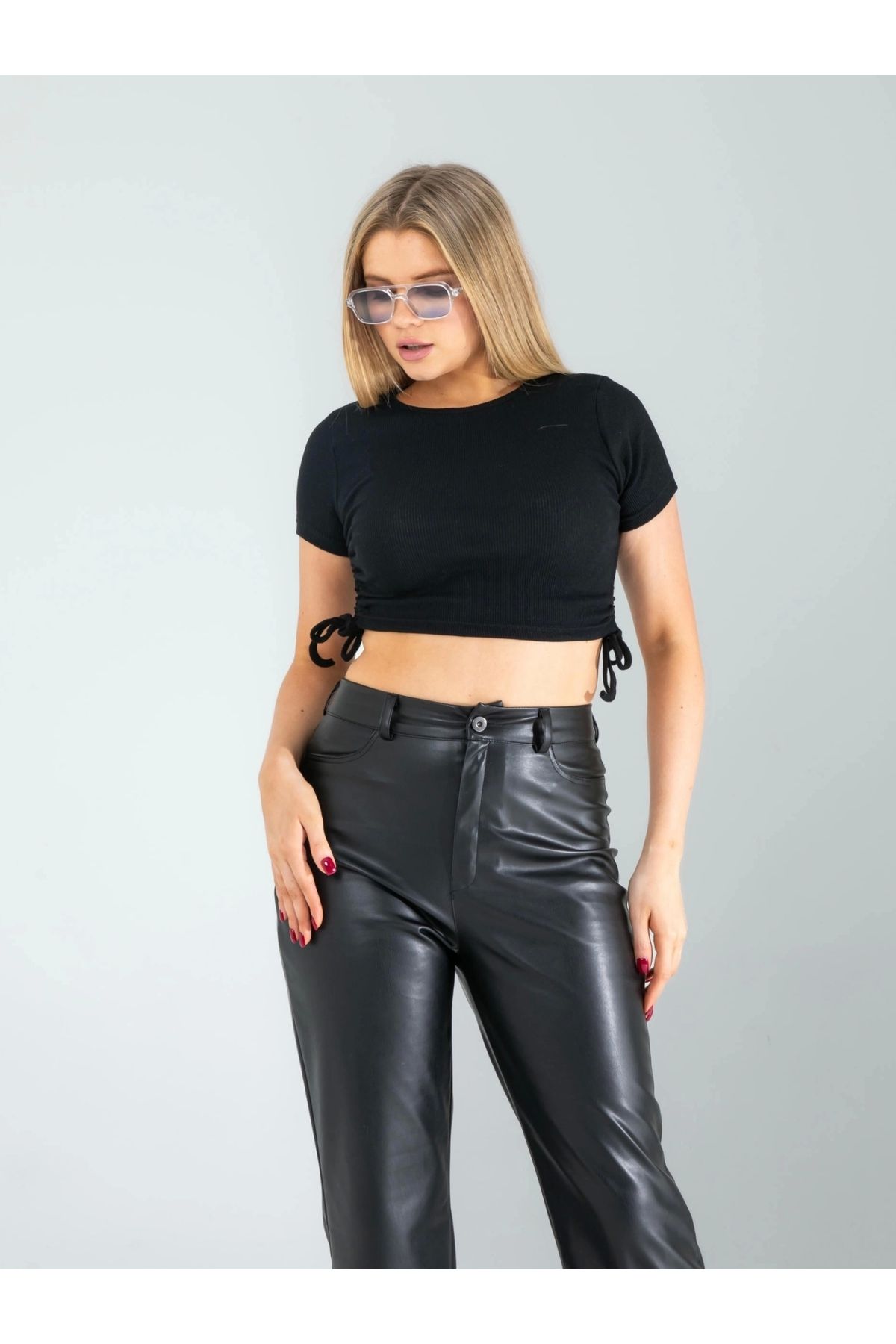 POLEXP Yandan Büzgülü Crop Üst Siyah