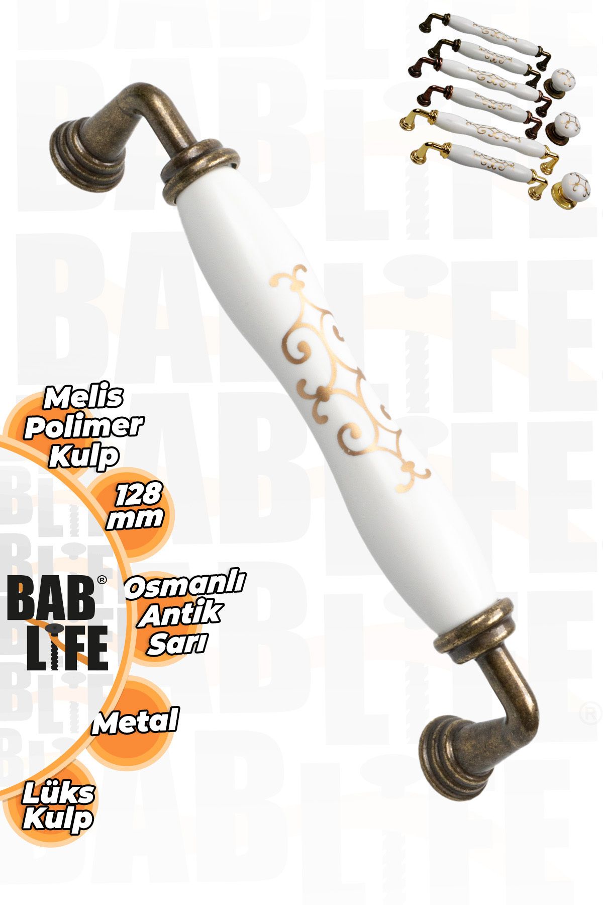 bablife Melis 128mm Porselen Görünüm Osmanlı Antik Sarı Lüks Modern Çekmece Dolap Vestiyer Mobilya Kulpları