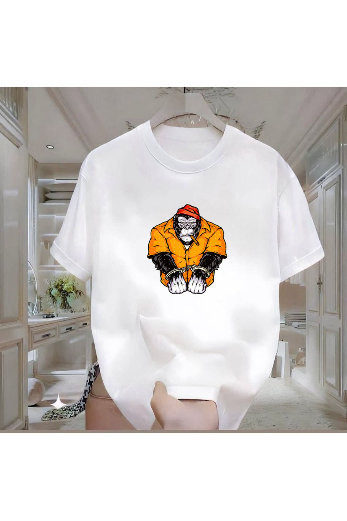 ROVELLA Goril Baskılı Beyaz Oversize Erkek Tshirt
