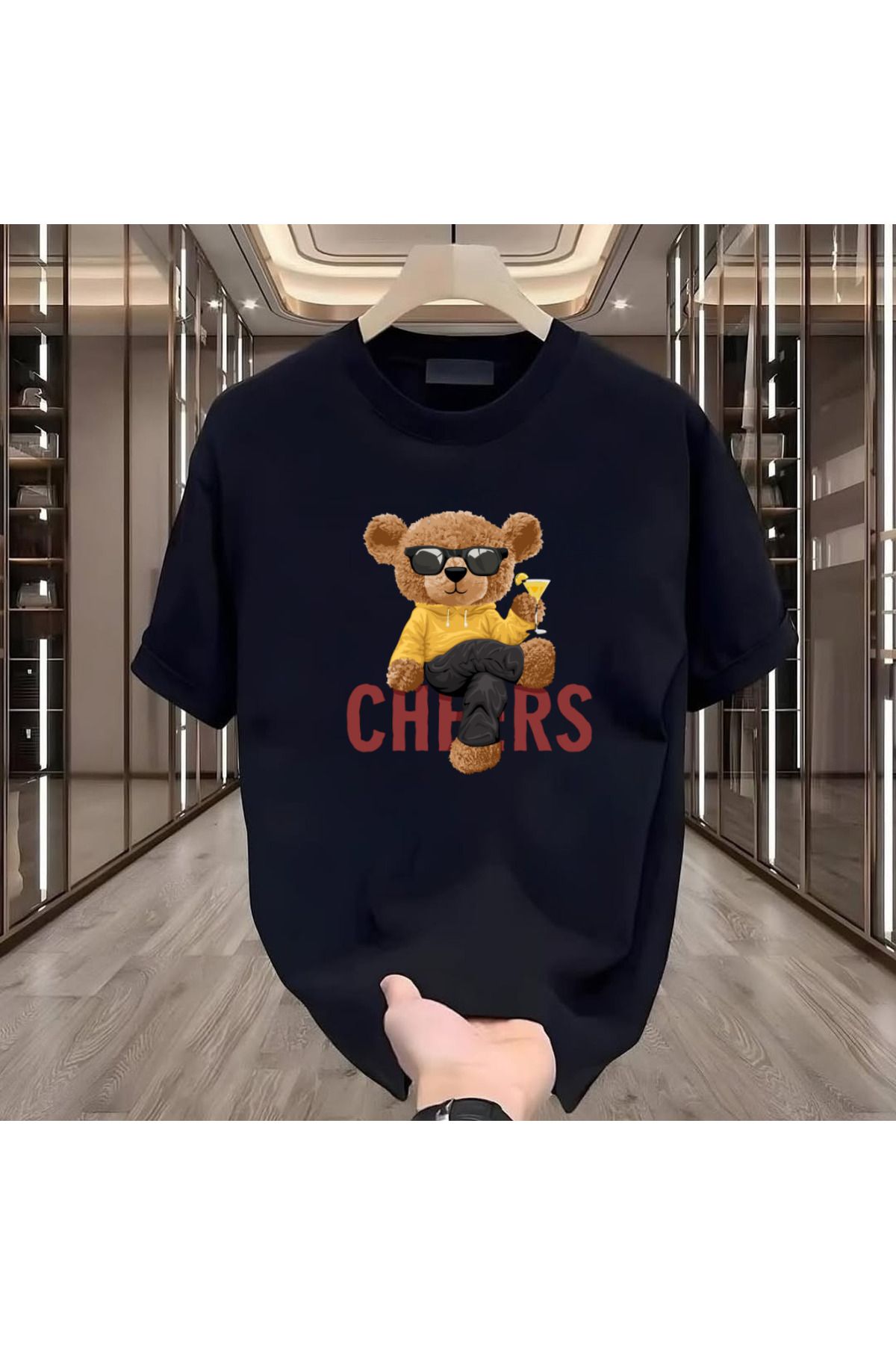 ROVELLA Cheers Bear Baskılı Siyah Oversize Erkek Tshirt
