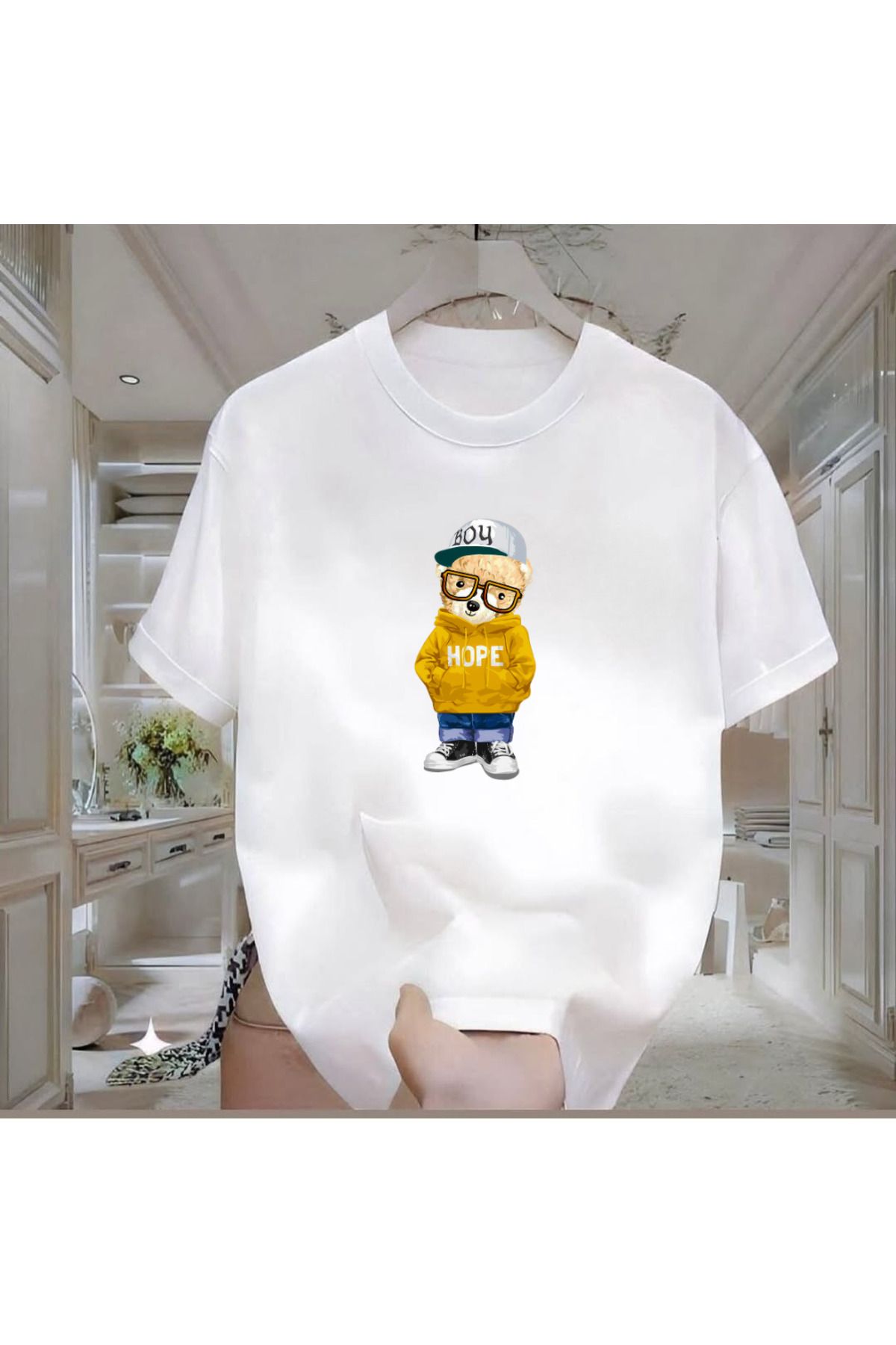 ROVELLA Hope Bear Baskılı Beyaz Oversize Erkek Tshirt