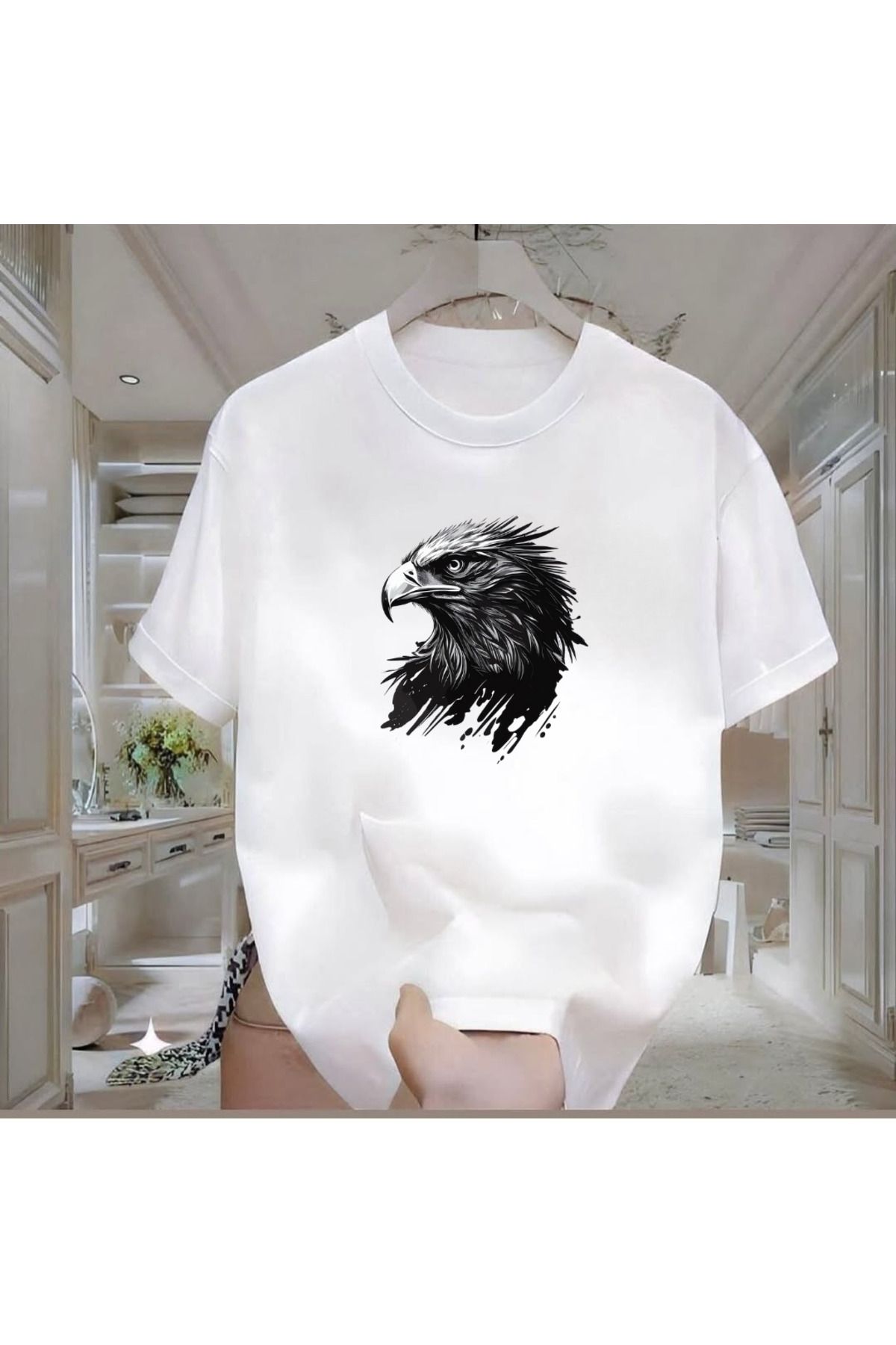 ROVELLA Kartal Baskılı Beyaz Oversize Erkek Tshirt