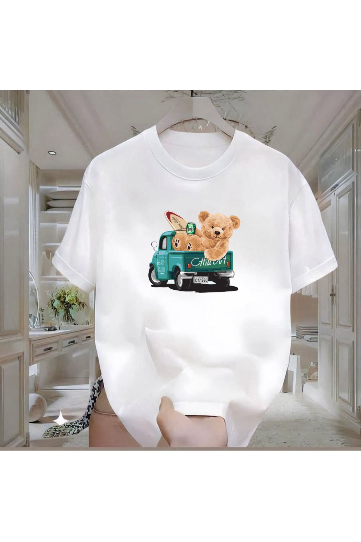 ROVELLA Surf Bear Baskılı Beyaz Oversize Erkek Tshirt