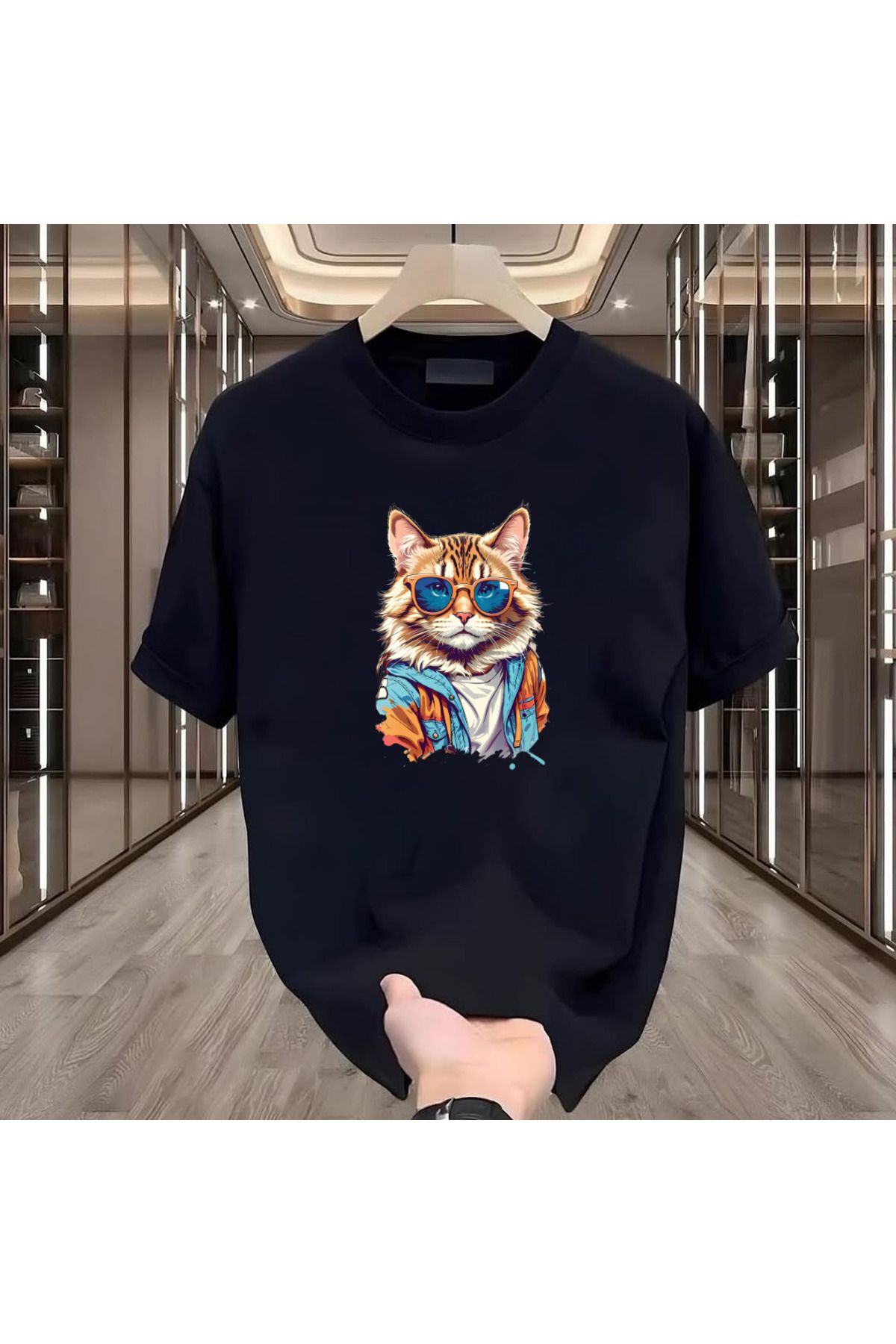 ROVELLA Cool Kedi Baskılı Siyah Oversize Erkek Tshirt