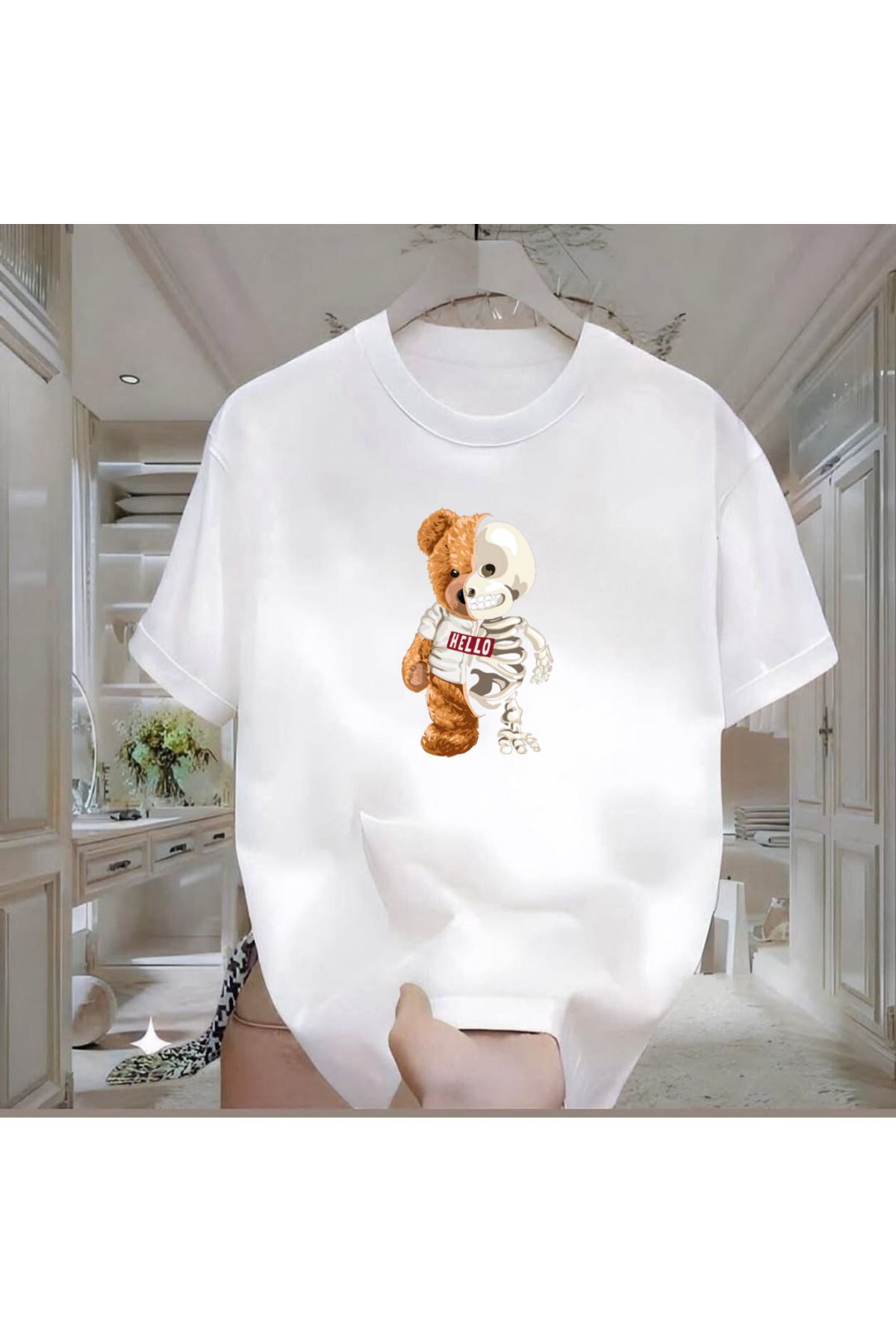 ROVELLA Skeleton Bear Baskılı Beyaz Oversize Erkek Tshirt