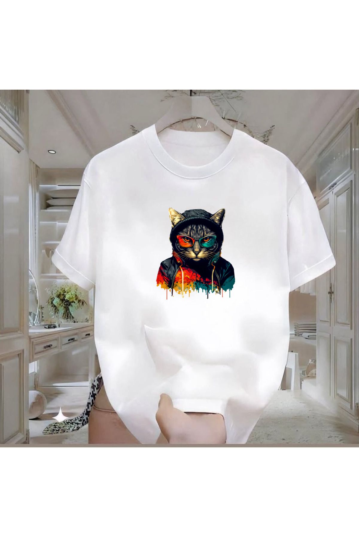ROVELLA Black Cat Baskılı Beyaz Oversize Erkek Tshirt