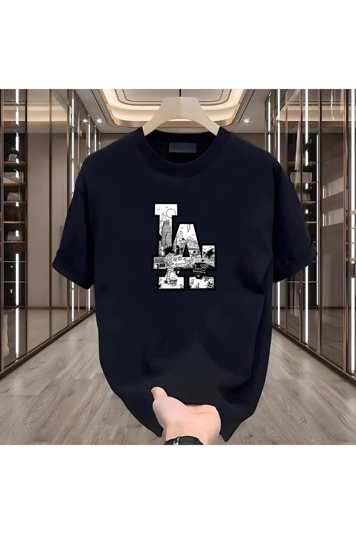 ROVELLA La Baskılı Siyah Oversize Erkek Tshirt