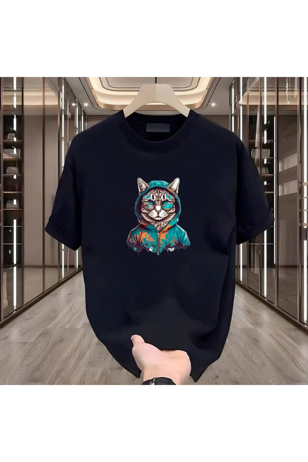 ROVELLA Şapkalı Kedi Baskılı Siyah Oversize Erkek Tshirt