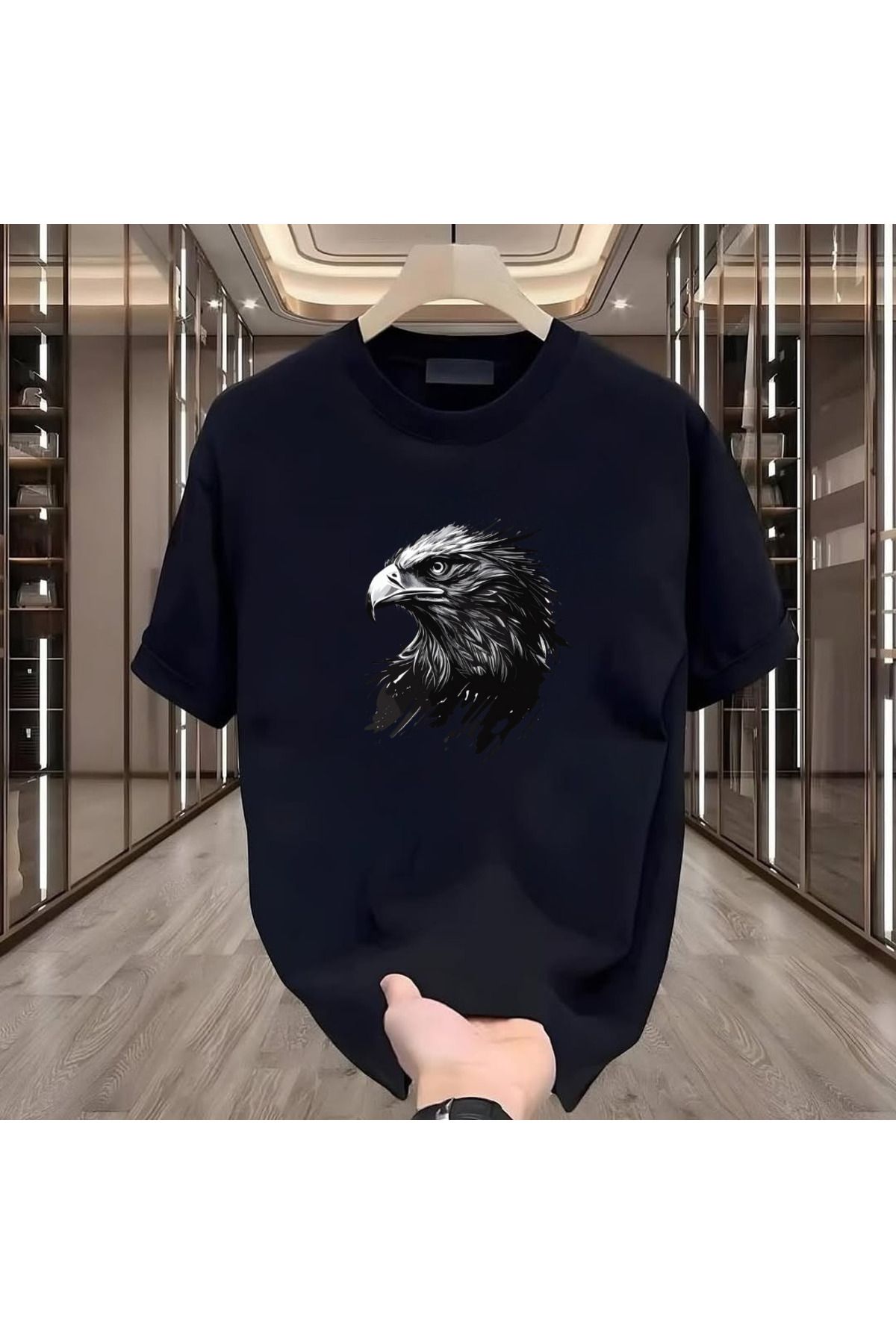ROVELLA Kartal Baskılı Siyah Oversize Erkek Tshirt