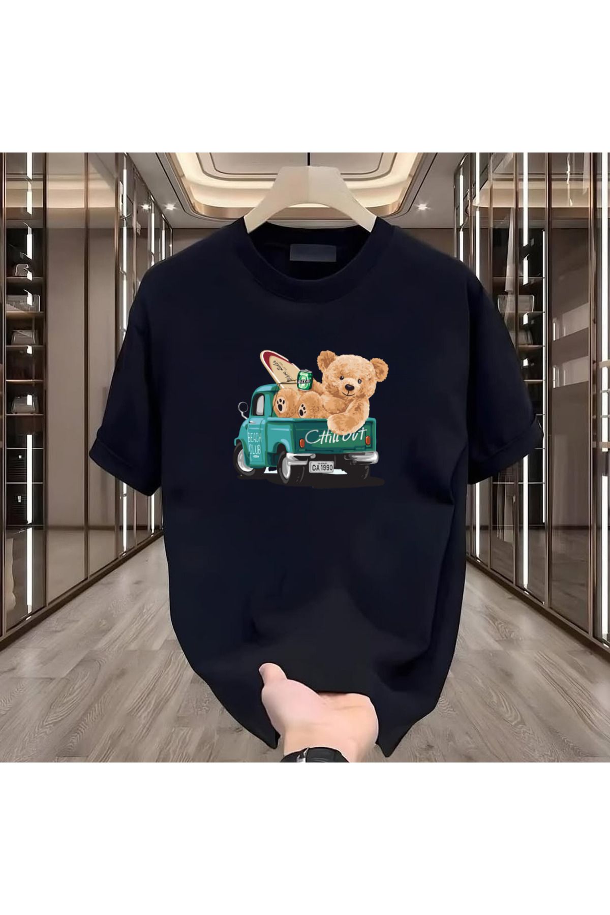 ROVELLA Surf Bear Baskılı Siyah Oversize Erkek Tshirt