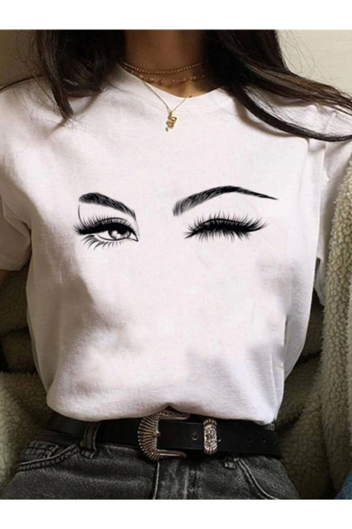 POLEXP Kadın Kısa Kollu Bisiklet Yaka Göz Baskılı Süprem T-shirt