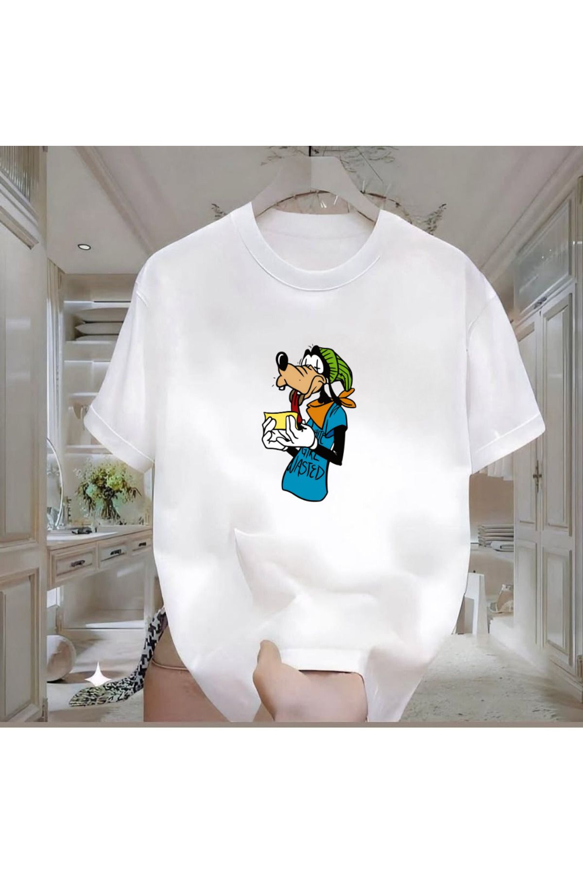 ROVELLA Goofy Goof Baskılı Beyaz Oversize Erkek Tshirt