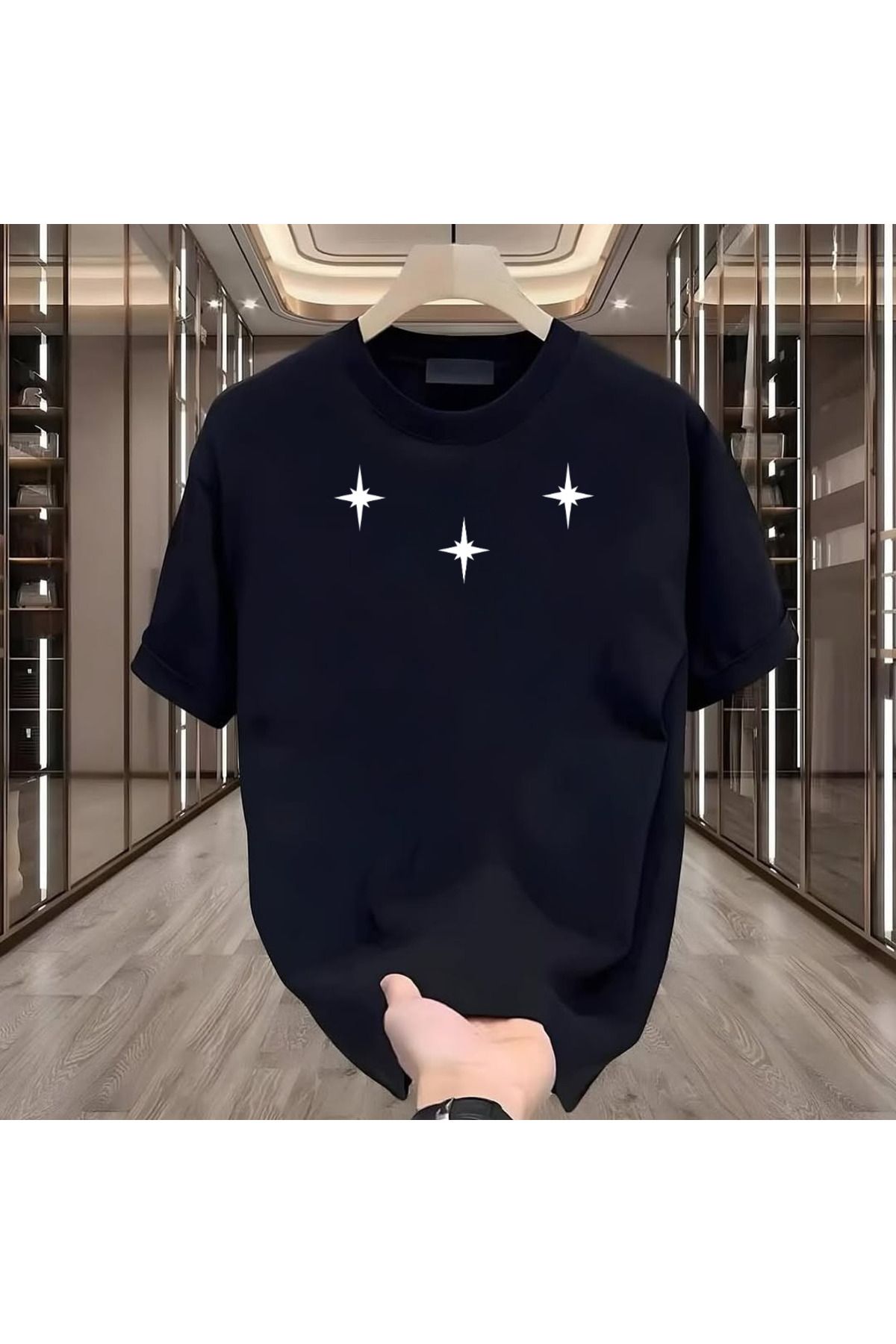 ROVELLA 3 Yıldız Baskılı Siyah Oversize Erkek Tshirt